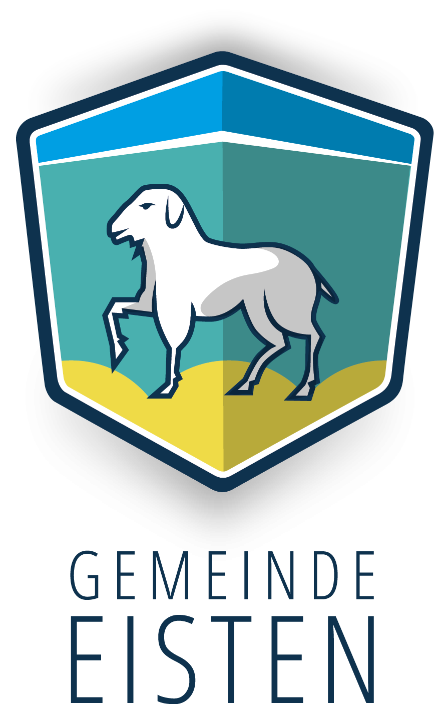 Ein Wappen mit einem blauen Hintergrund, einem weißen Hund in der Mitte, der auf gelbem Boden steht.