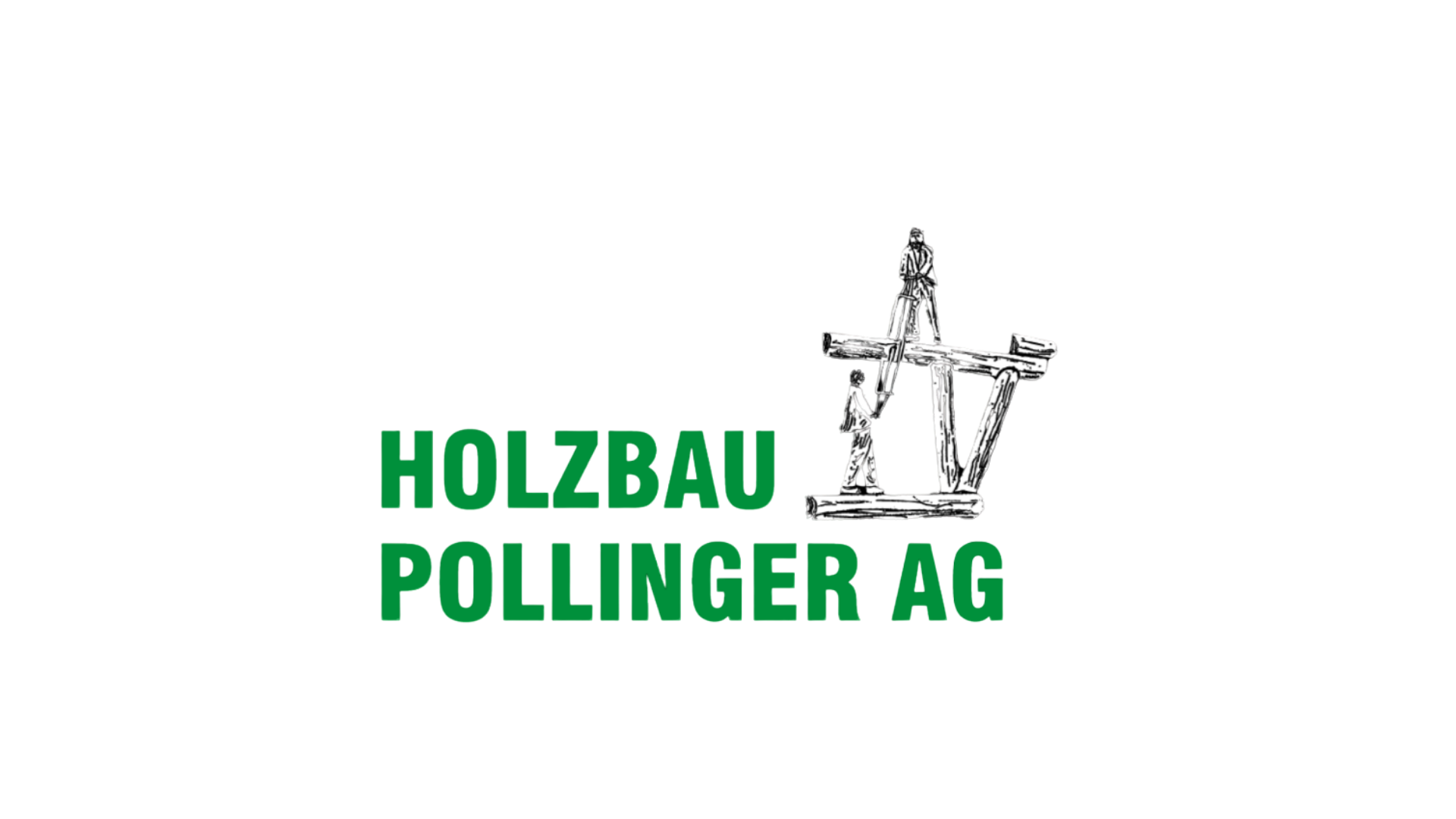 Logo für einen Holzbau Poltering mit einem schwarz-weiß Sketch eines Gerüsts mit人士 und grüner Aufschrift 'Holzbau Poltering'