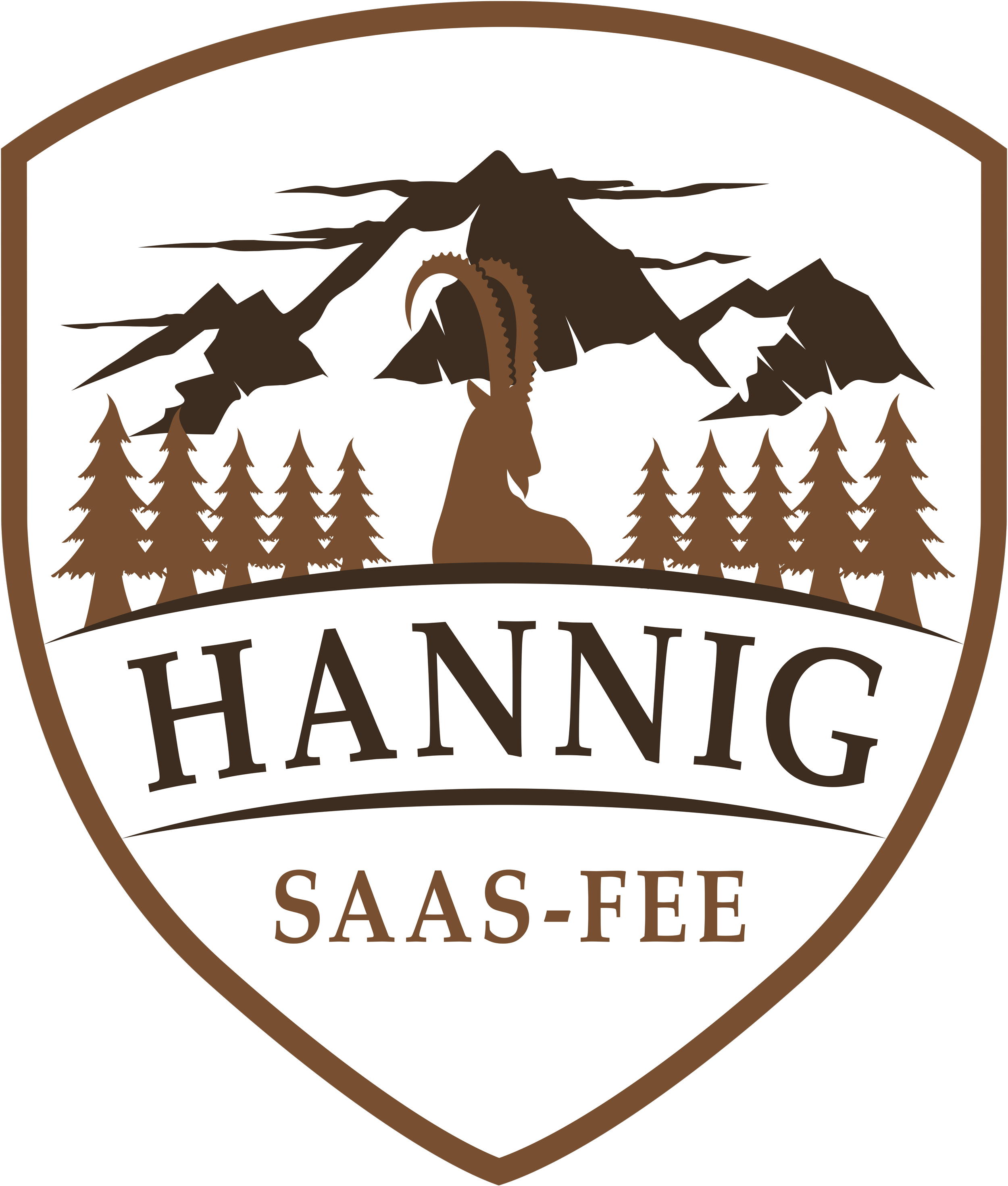 Ein Wappen mit einer Berglandschaft und Bäumen, darüber der Text 'Hannig'. Darunter steht 'Saas-Fee'.
