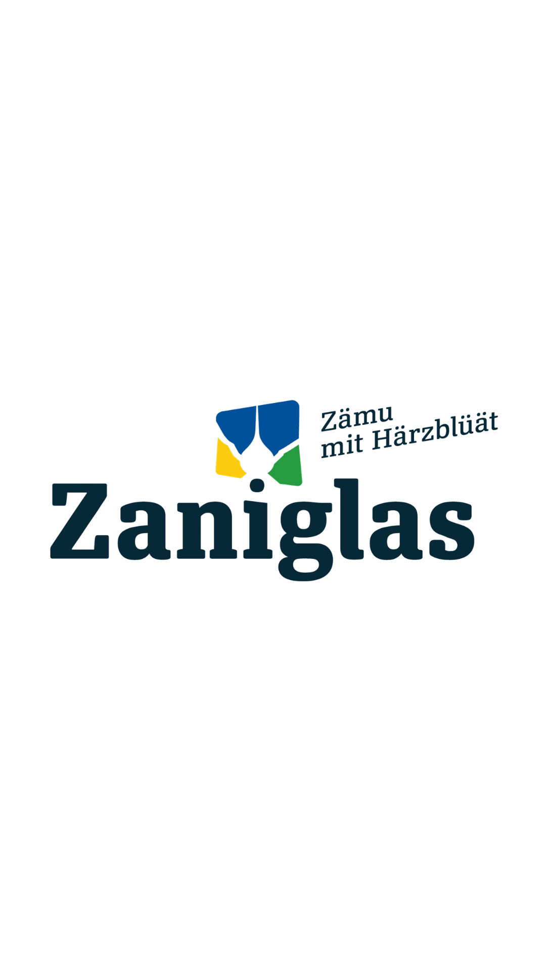 Logo mit dem Text 'Zanigas' und einem schwarzen Hundekopf mit buntem, abstraktem Kettenmuster darüber, ergänzt durch den Slogan 'Zämu mit Härblüät'.