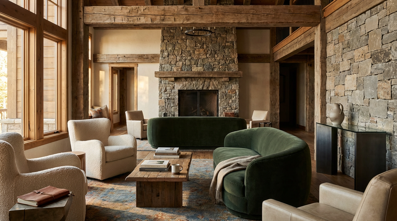 A cozy living room with large windows, a stone fireplace, and rustic wooden beams. It features various armchairs and sofas, a wooden coffee table with books and a mug, and decorative pottery on a console table.