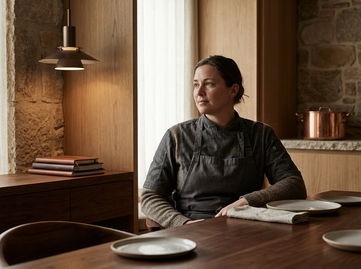 A woman in a black apron sits at a wooden dining table with empty plates and a napkin, looking thoughtfully to her right in a warmly lit kitchen with stone and wooden walls.
