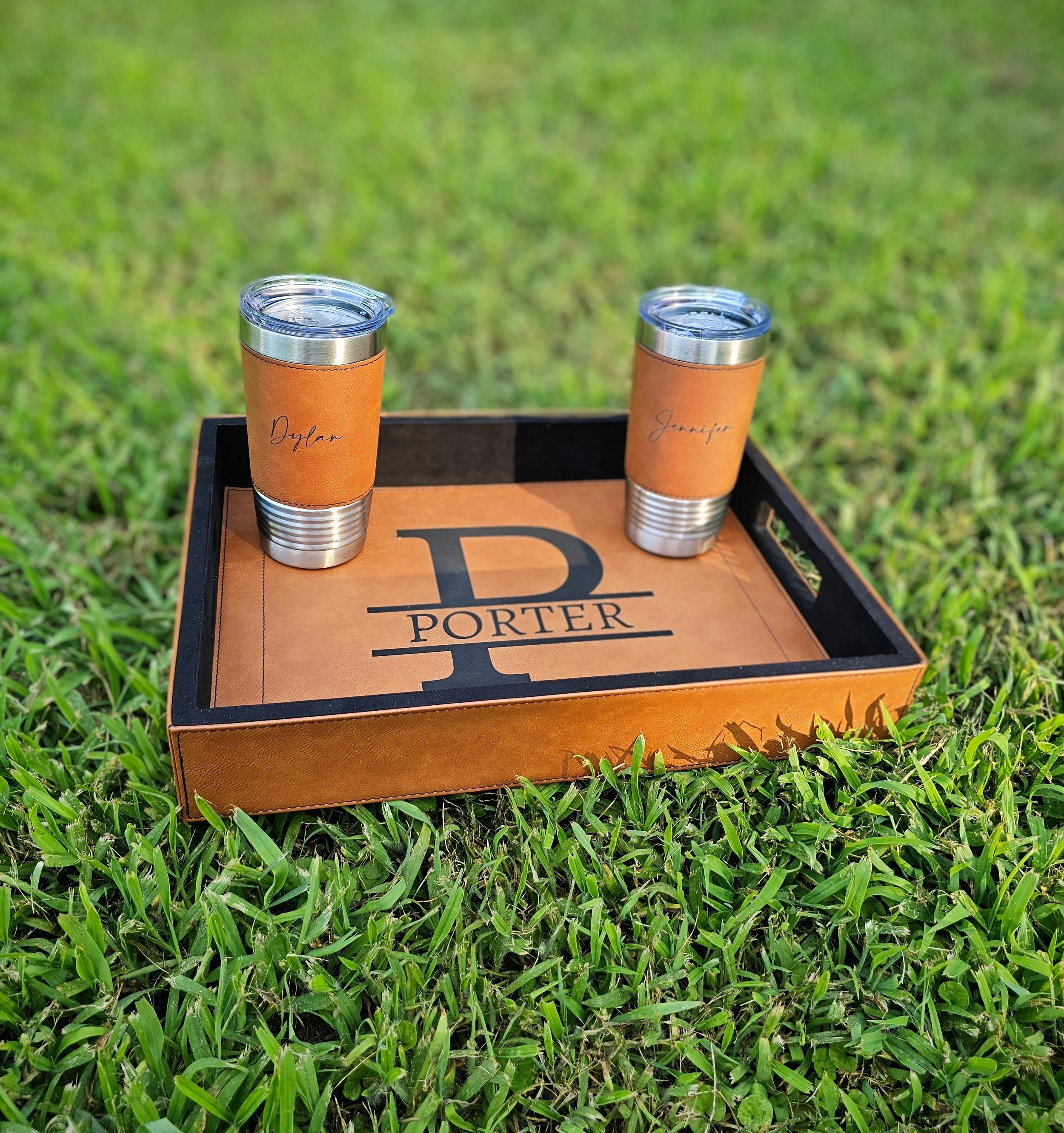 Personalized tumbler and tray set as a wedding gift.
