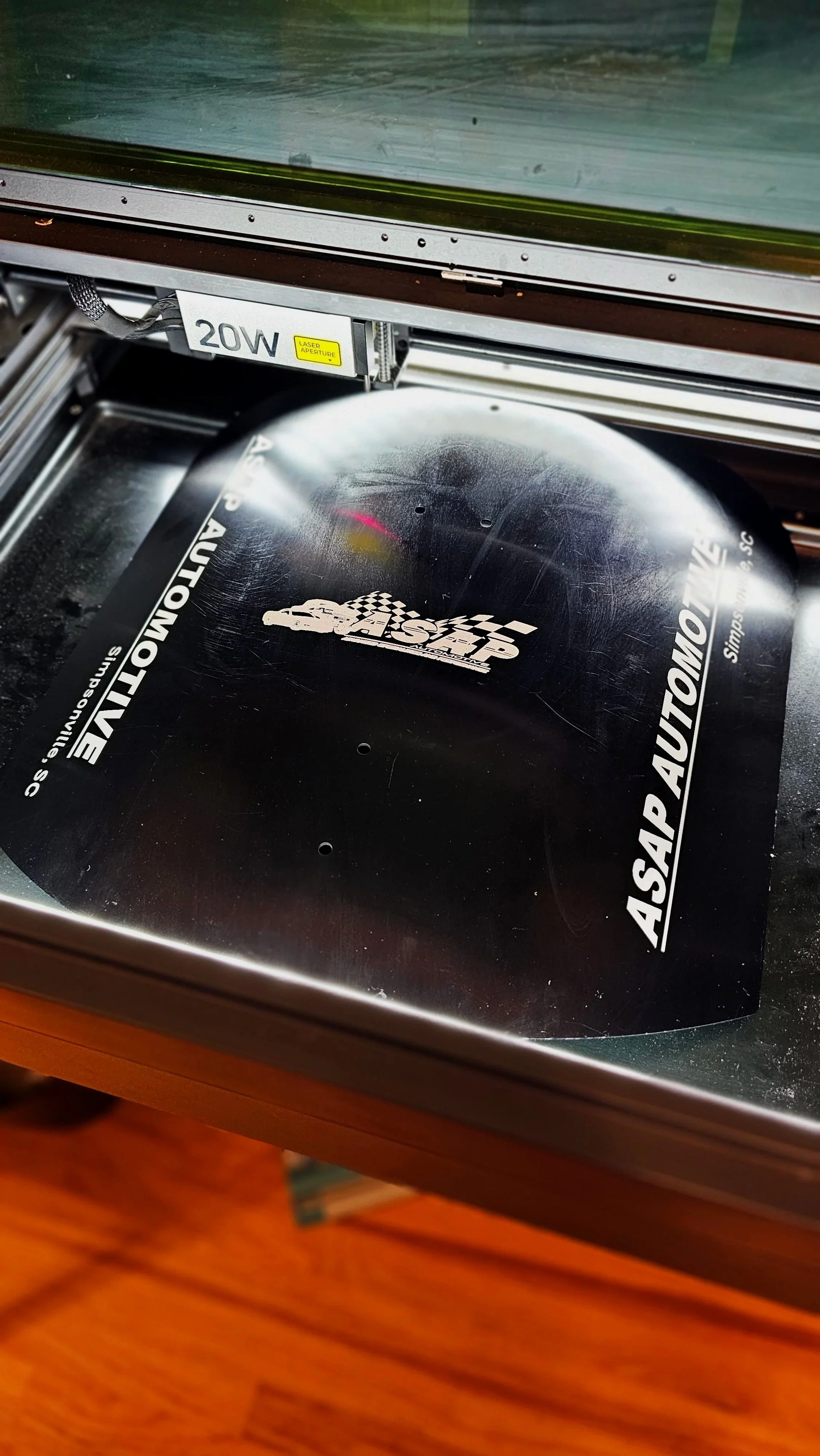 Engraved engine cover with business name and logo for ASAP Automotive