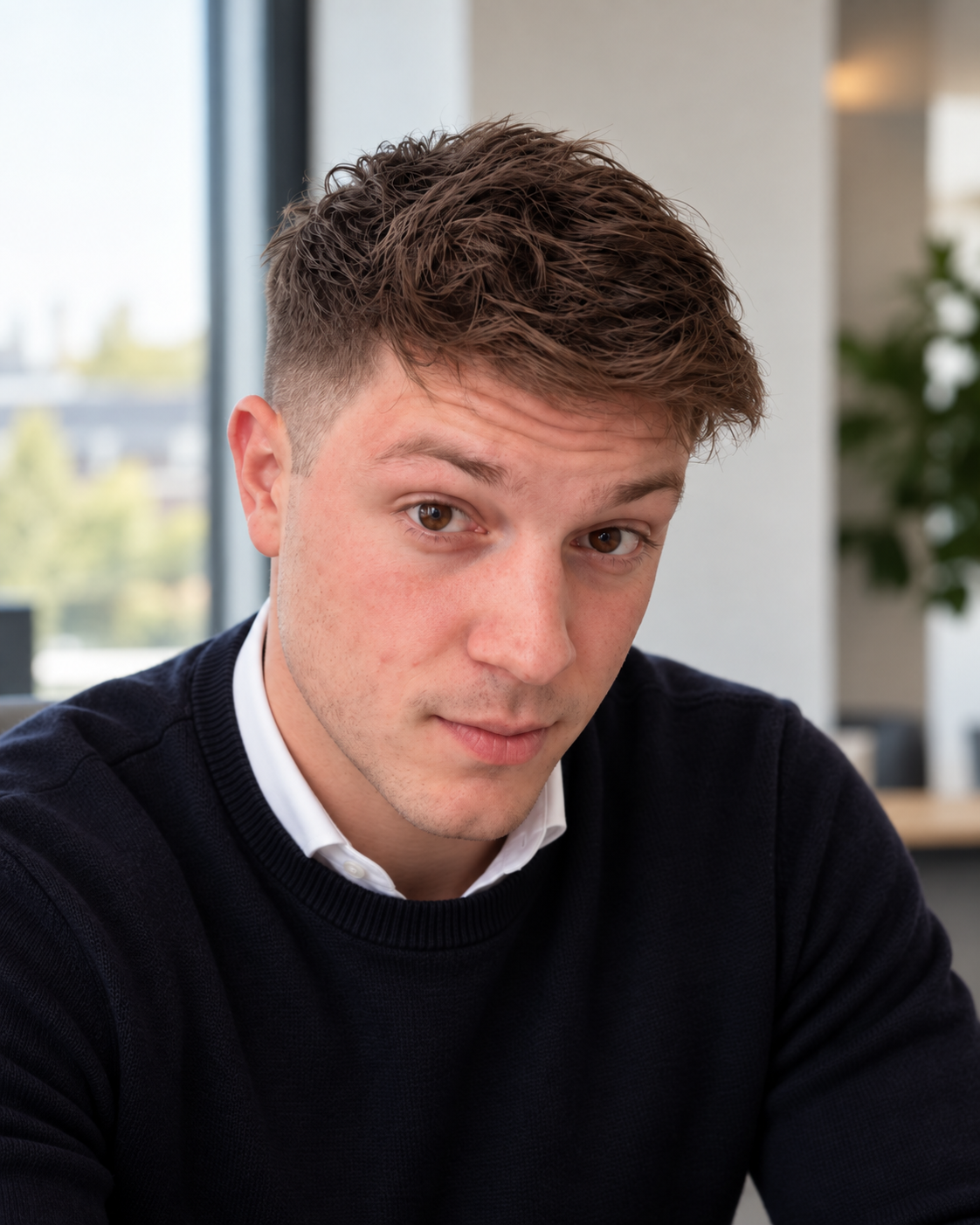 Close-up of a young man with brown hair and light skin, wearing a dark sweater and white collared shirt, indoors with a window and blurred background.
