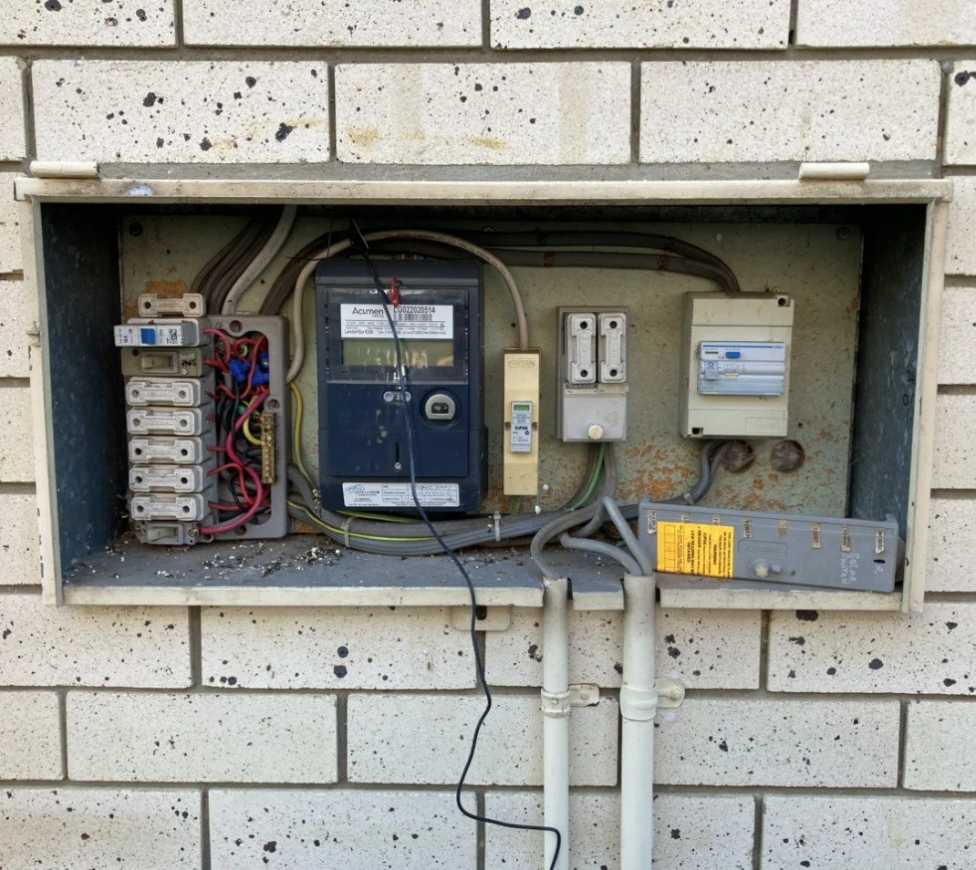 An electrical meter and wiring box installed in an outdoor brick wall.