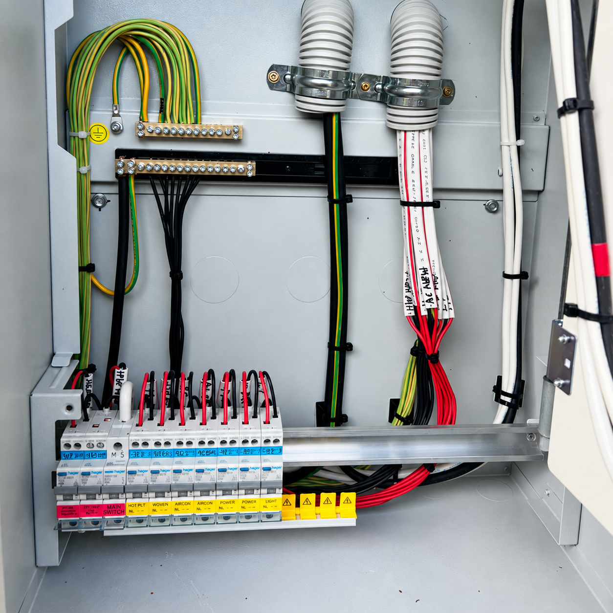 Electrical control panel with wiring, circuit breakers, and electrical components.