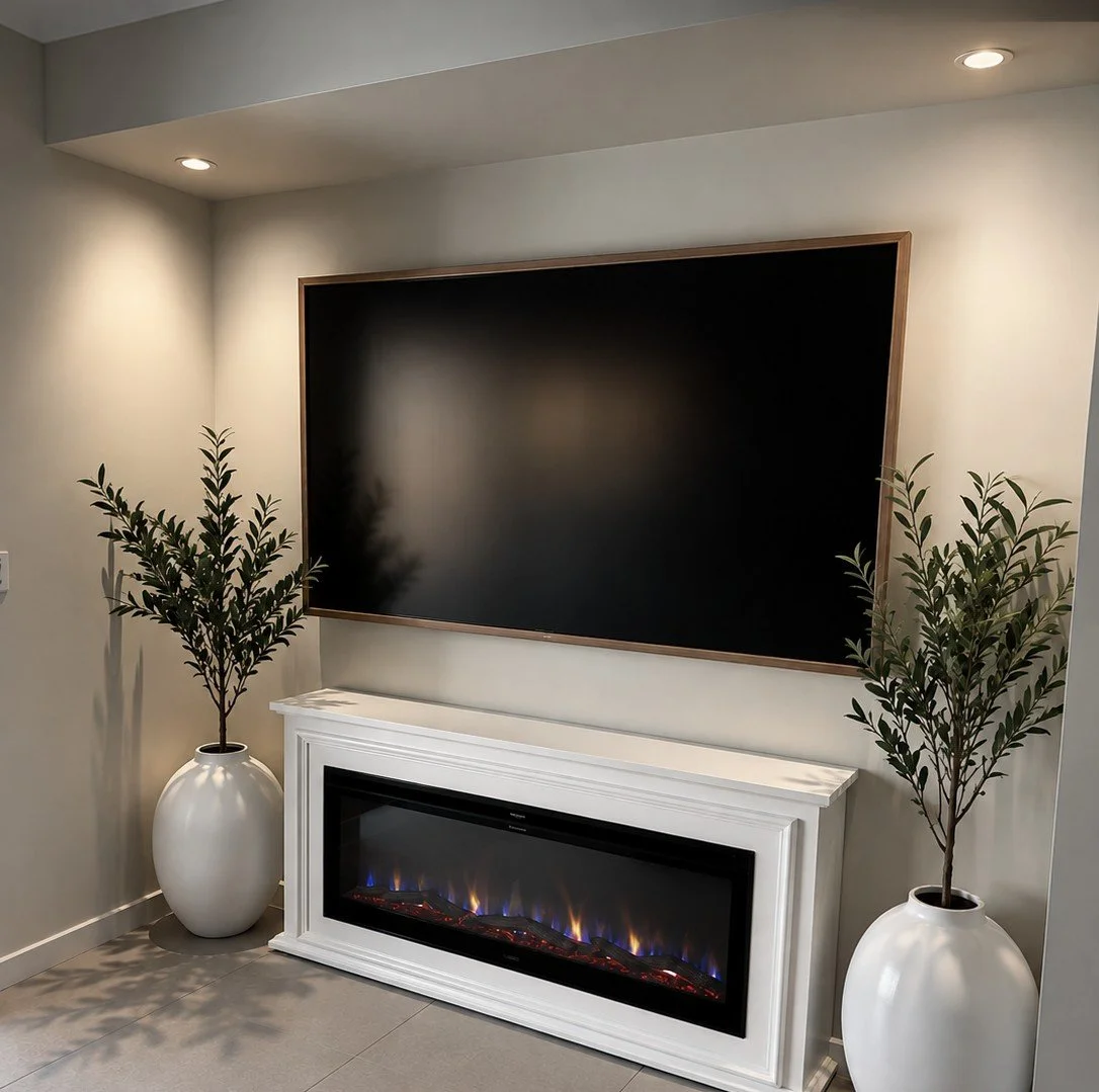 Modern living room corner with a large flat-screen TV mounted on the wall above a white electric fireplace surrounded by white trim. Two tall potted plants with green leaves are placed in white vases on either side of the fireplace. Recessed ceiling lights illuminate the scene.
