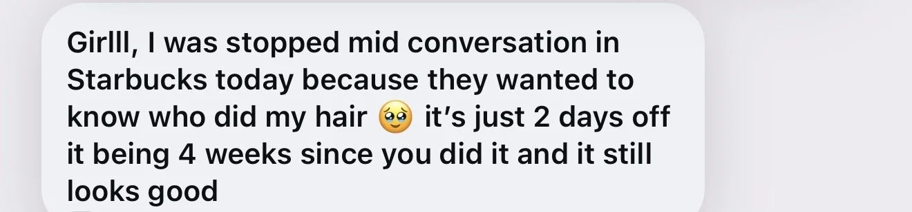 Text message conversation about a person's hair being only 2 days old after 4 weeks, with an emoji of a face with a pleading expression.