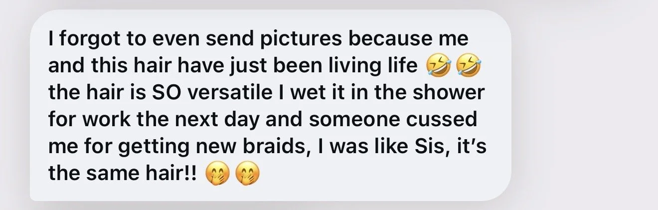 Screenshot of a text message about hair, humor, and braids, with laughing and sneezing emojis.
