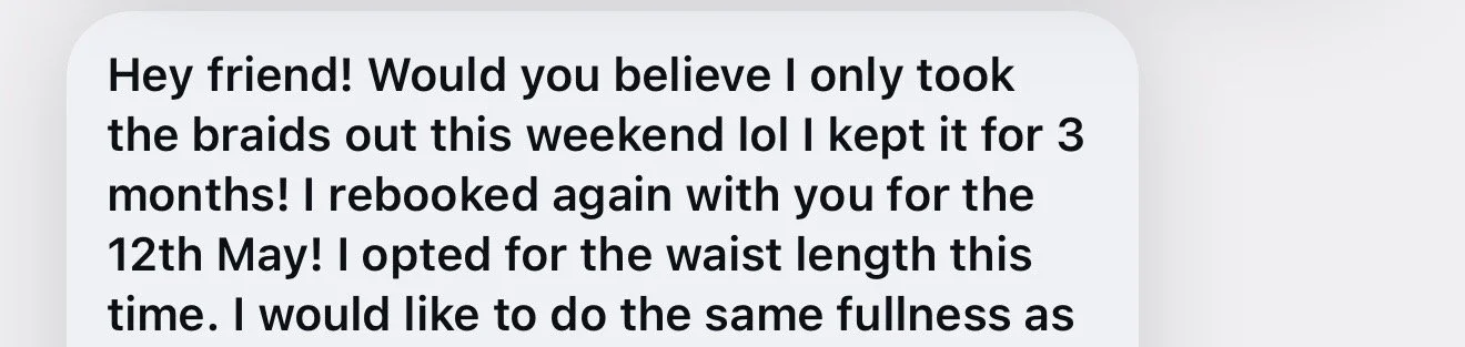 Text message conversation about taking braids out, rebooked appointment for May 12th, planning to do same fullness as before.