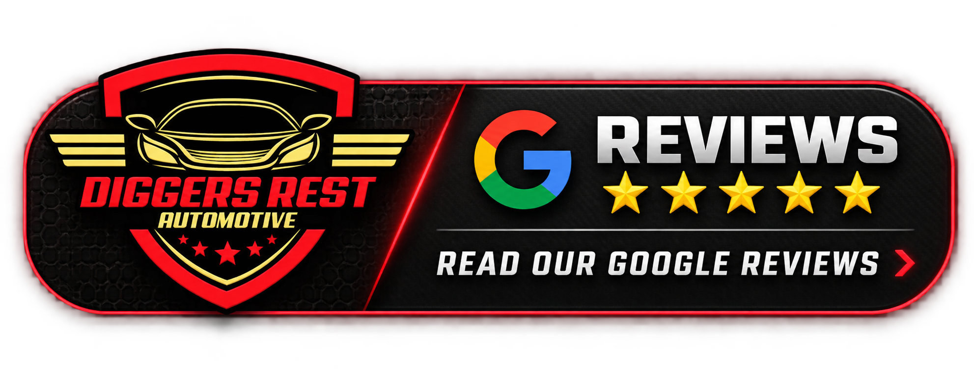 A digital graphic for Diggers Rest Automotive featuring a stylized car logo and the text "Reviews" with five gold stars, and a note to read Google reviews.
