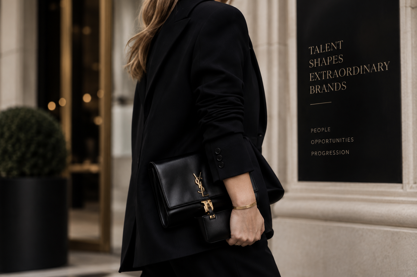 A woman dressed in a black blazer holding a black Yves Saint Laurent handbag, standing next to a black sign with gold text outside a building.