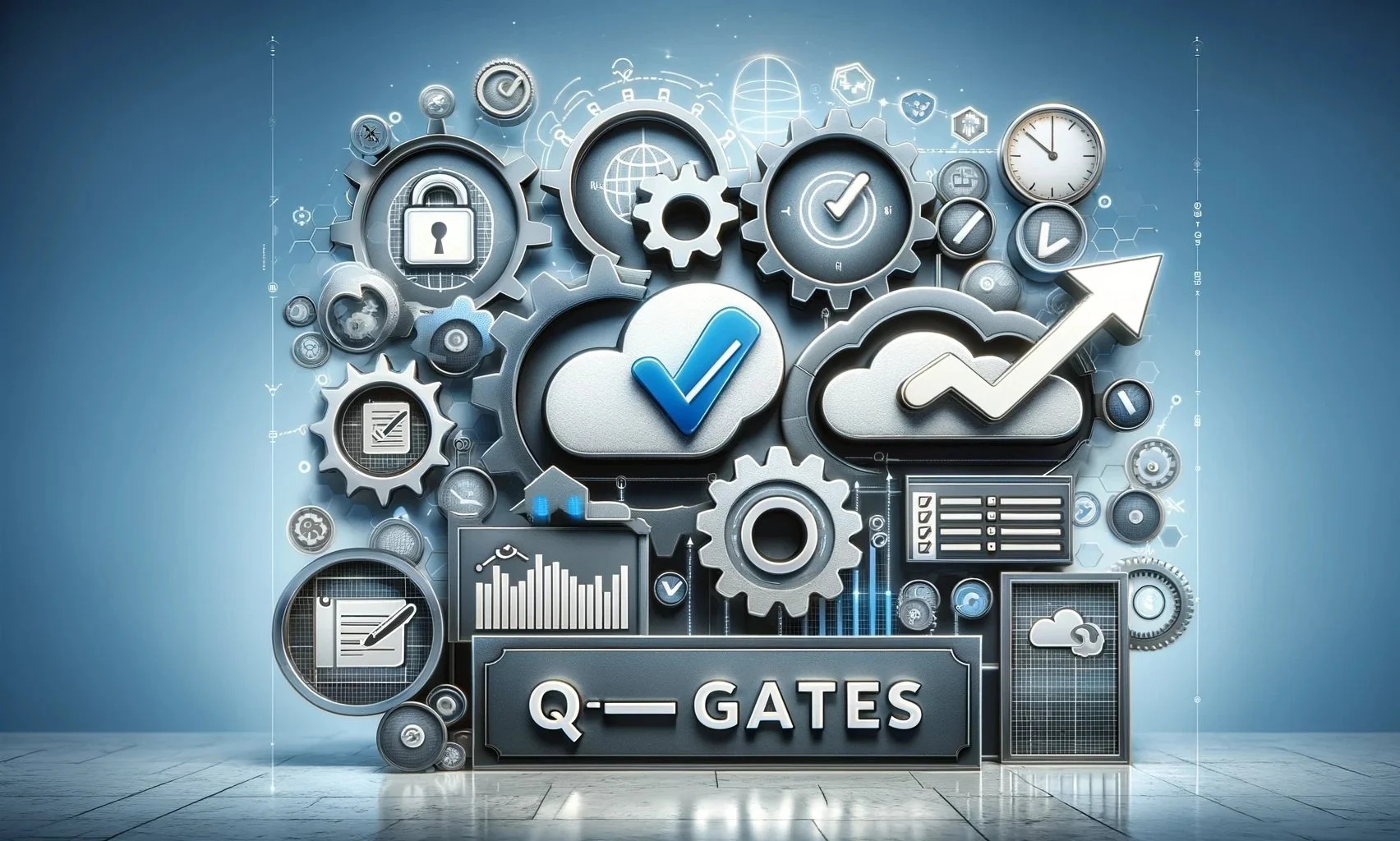 Digital illustration of interconnected gears, icons, and charts representing cloud computing, data security, analytics, and automation, with a label "Q-GATES" at the bottom.