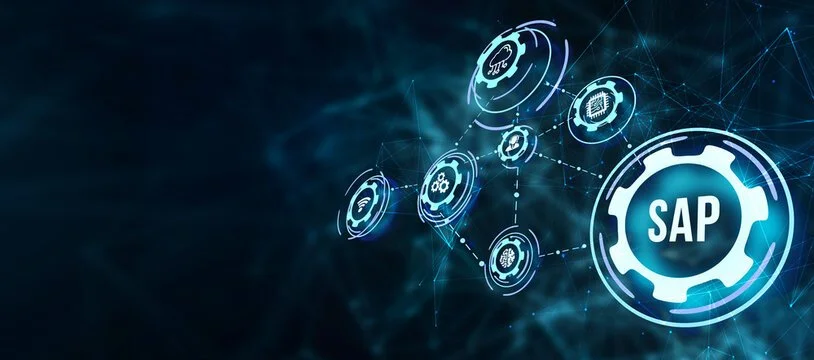 Digital graphic showing interconnected icons and gear symbols with 'SAP' at the center, representing enterprise software and data integration.