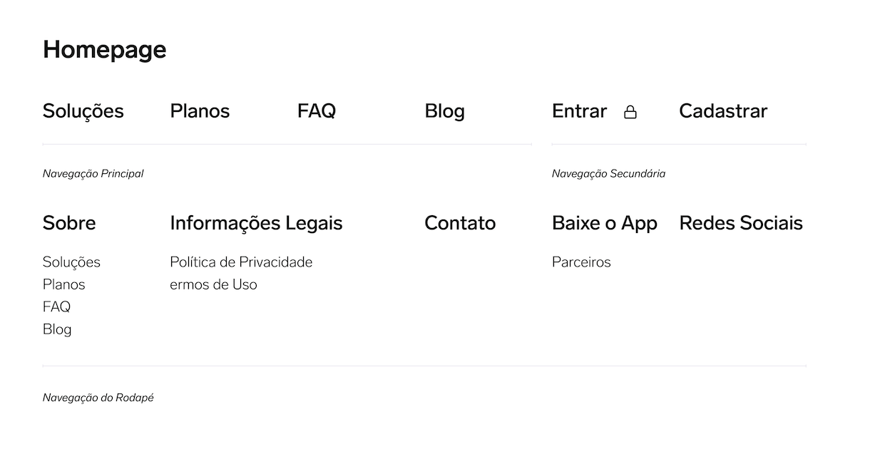 Screenshot of a website homepage with navigation menu in Portuguese, including sections for Solutions, Plans, FAQ, Blog, Login, and Register, with additional footer links for About, Legal Information, Contact, Download App, and Social Media Partners.