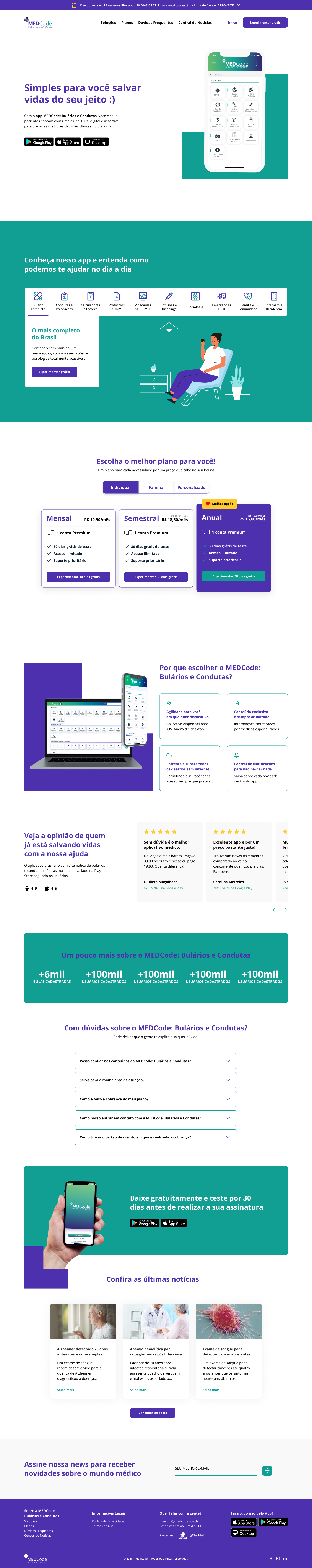 Screenshot of a website promoting MEDCode, an app for saving lives through health management. The page features sections about the app's benefits, plans, user reviews, FAQs, and download links for iOS and Android.