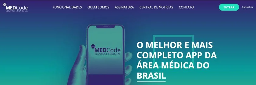 Mobile phone displaying the MEDCode app logo, with text in Portuguese promoting the app as the best and most complete medical app in Brazil, website navigation menu and login button at the top.