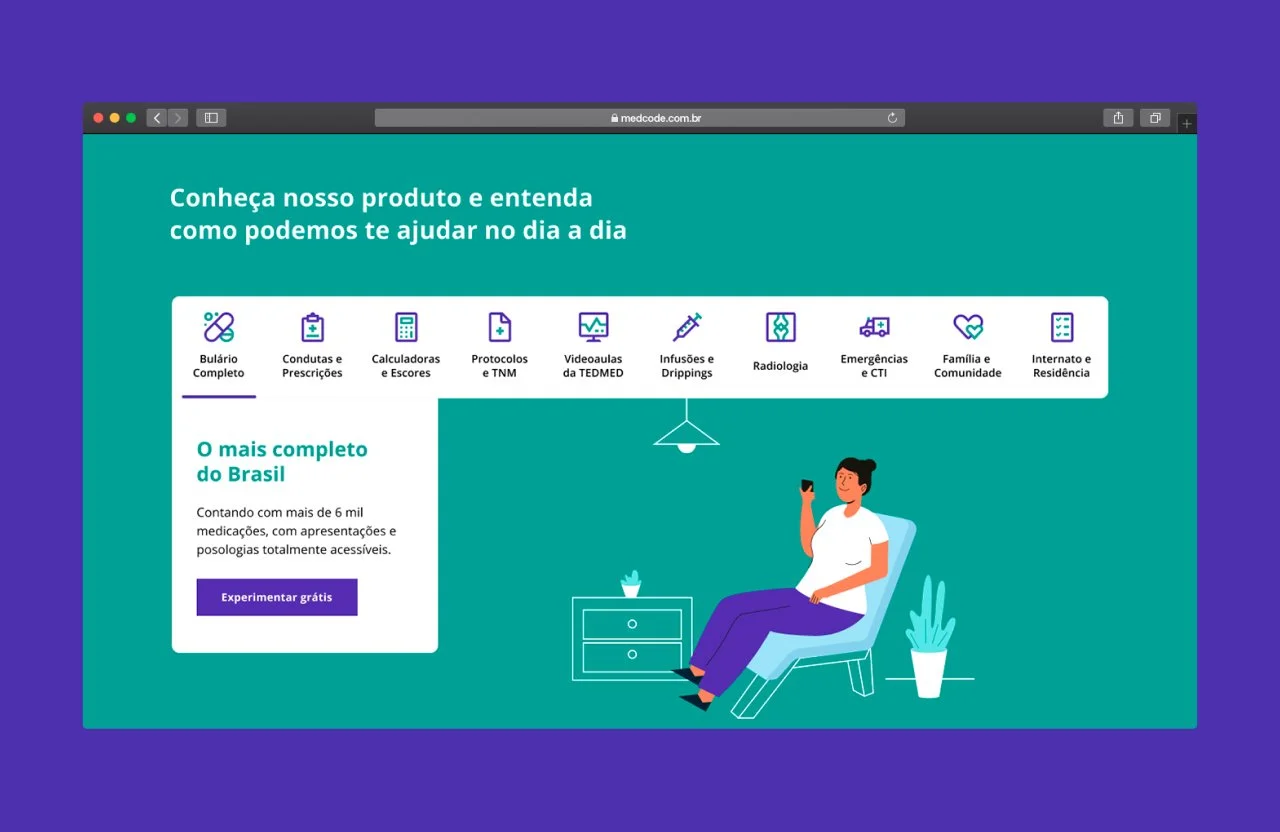 Screenshot of a website in Portuguese with medical categories menu and an illustration of a woman sitting in a chair looking at her phone, with a potted plant nearby.