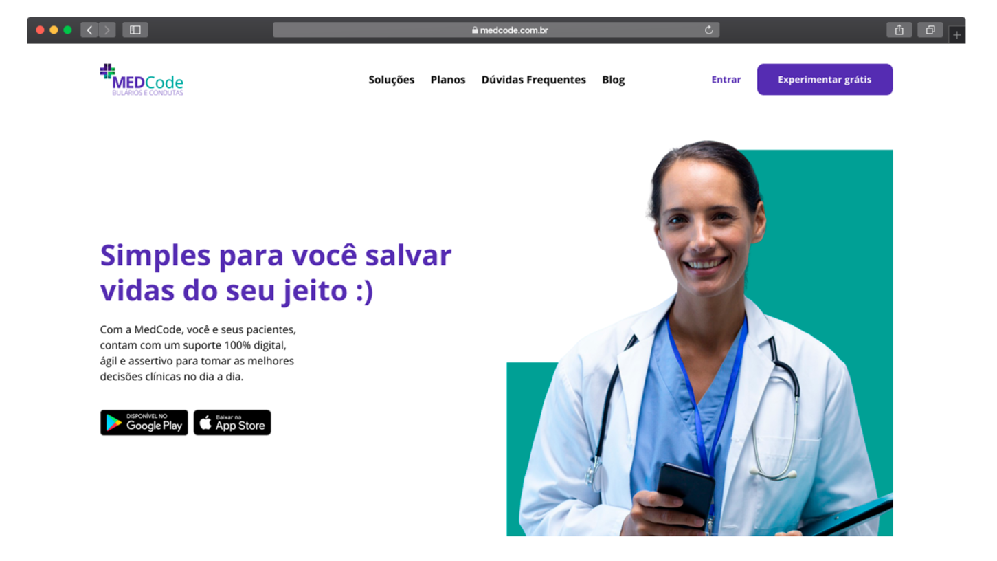 Screenshot of MedCode healthcare website featuring a smiling female doctor in a white coat with a stethoscope, holding a mobile phone, and a webpage with navigation options, a logo, and download links for Google Play and App Store.