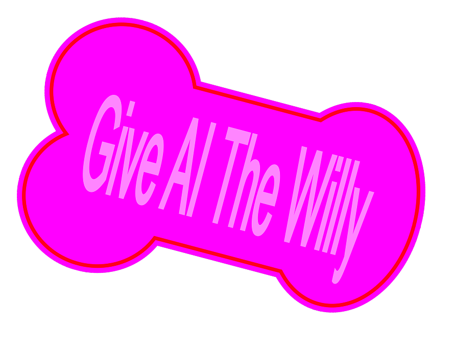 Pink, bone-shaped sign with red outline that says 'Give All The Wivy' in light purple text.