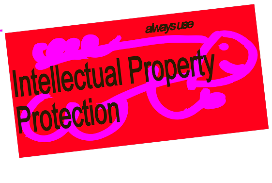Red background with black text that reads 'Intellectual Property Protection' and smaller text 'always use'. Purple sticky notes with handwritten notes and a large purple stick figure drawing over the text.