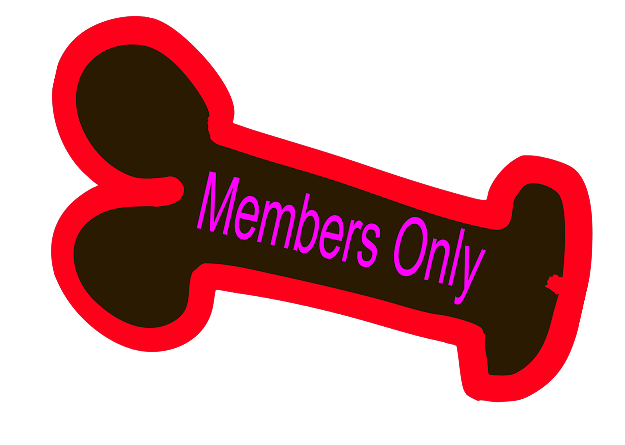 Silhouette of a dog bone with red outline and purple text that says 'Members Only' on a black background.
