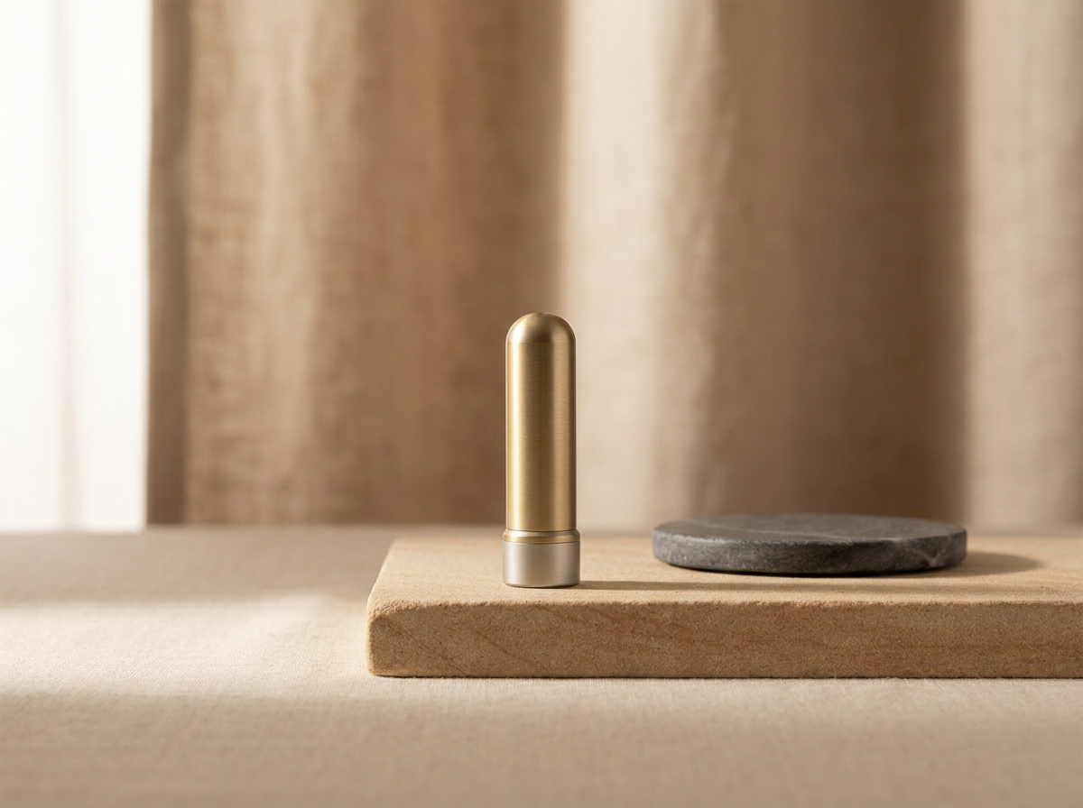 A metallic cylindrical object standing upright on a wooden platform with a flat gray stone next to it.