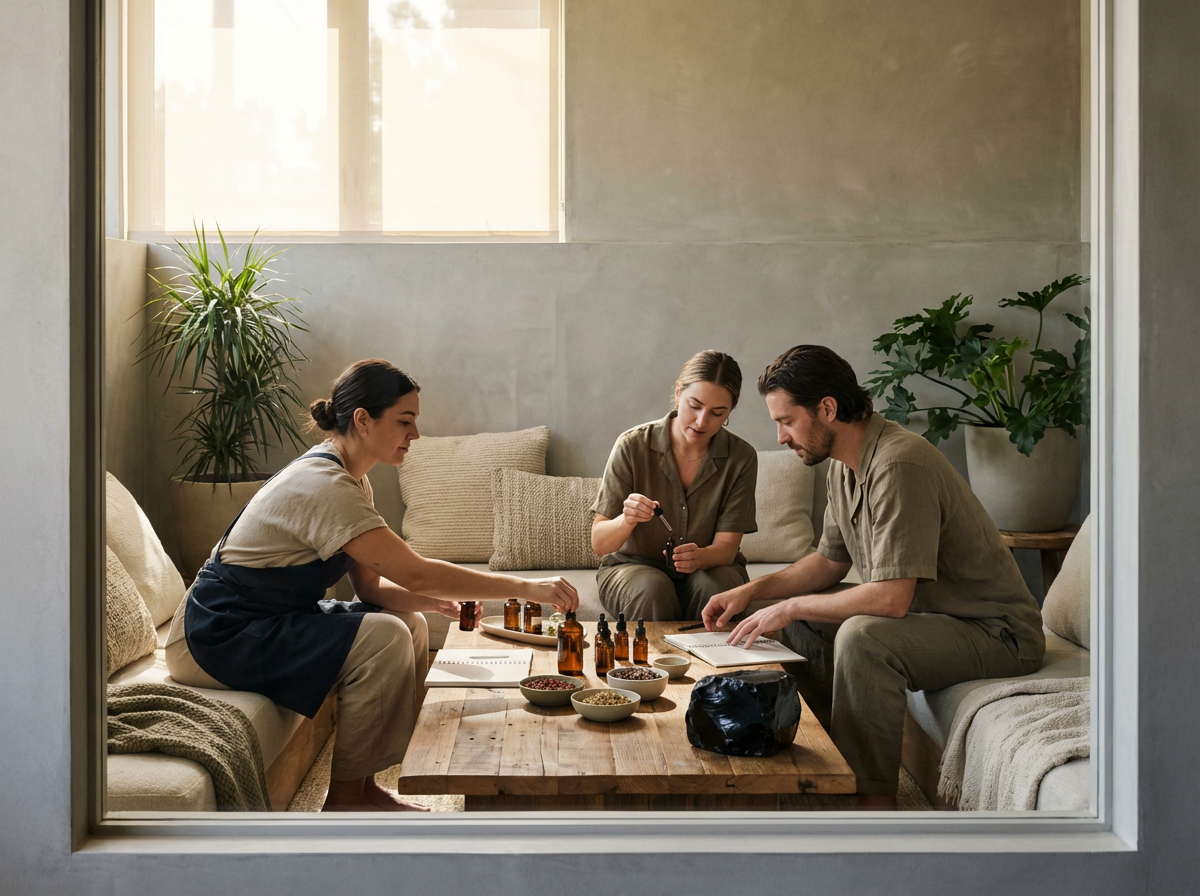 Three people seated at a low wooden table, administering and discussing essential oils in a cozy living room.
