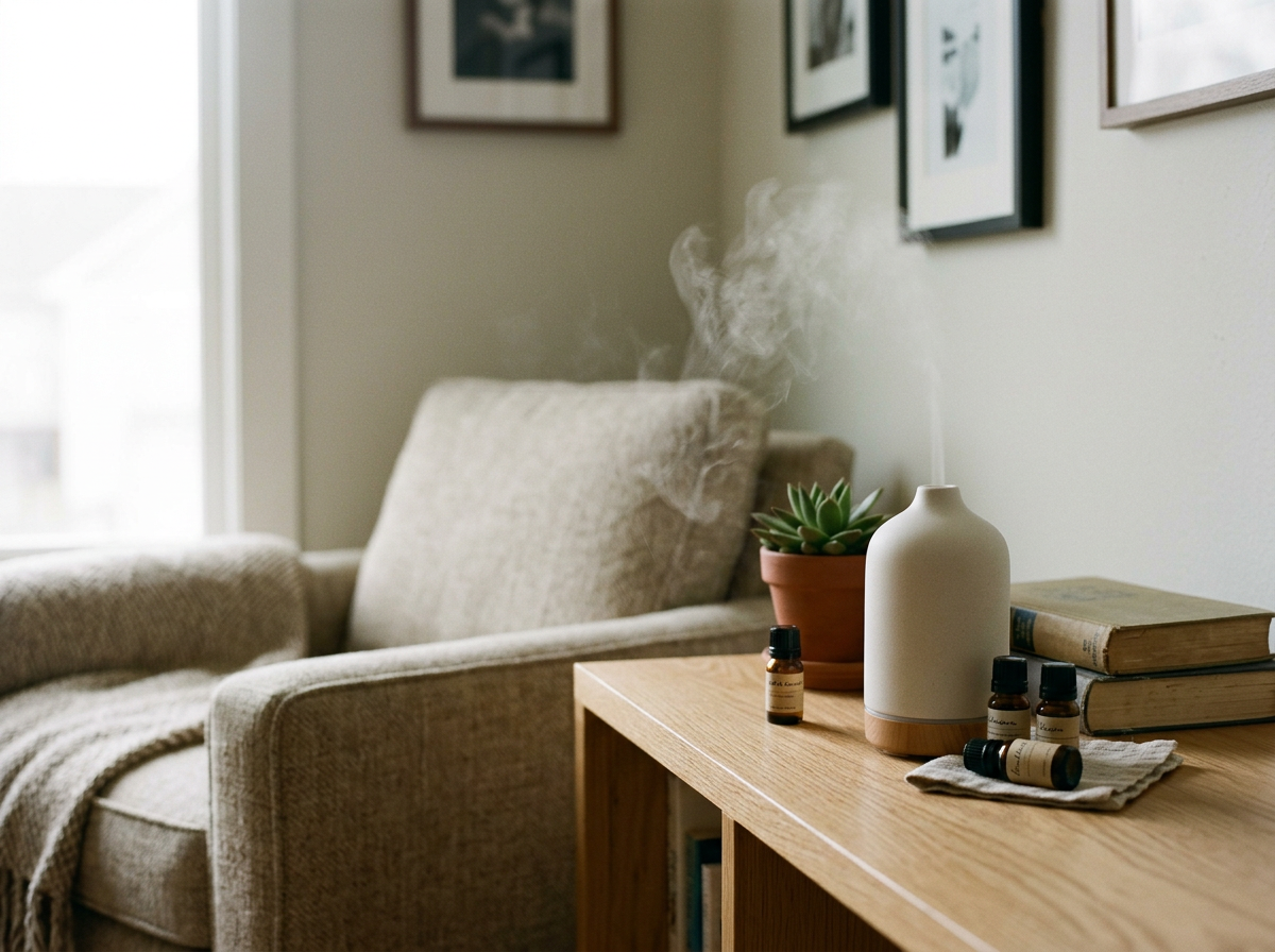 A wooden side table with a white diffuser, small bottles of essential oils, a grey cloth, and a potted succulent plant in a living room. A beige couch with a blanket is in the background, and framed pictures hang on the wall.