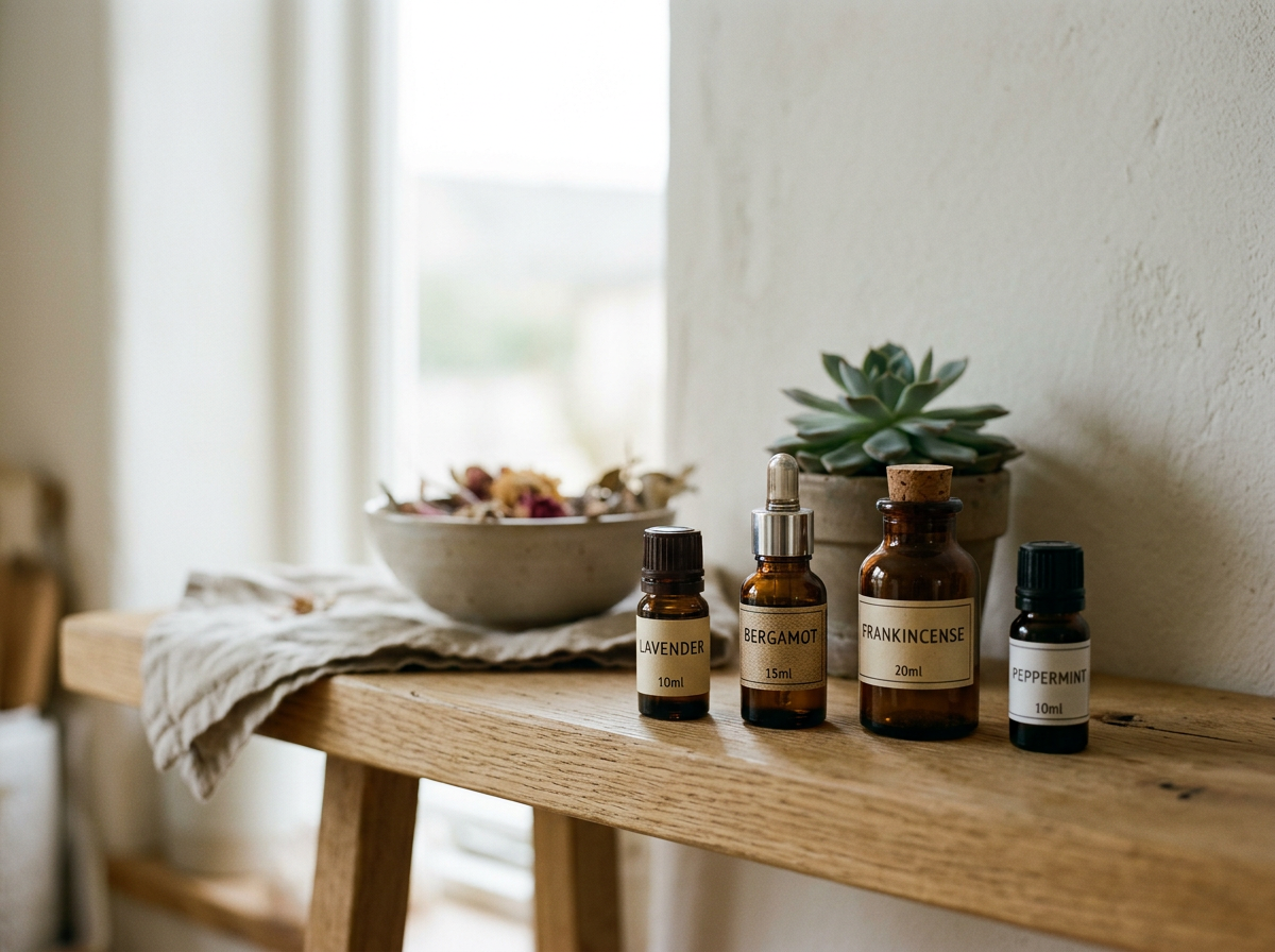 Essential oils labeled lavender, bergamot, frankincense, and peppermint are arranged on a wooden shelf next to a small potted succulent and a bowl of dried flowers.