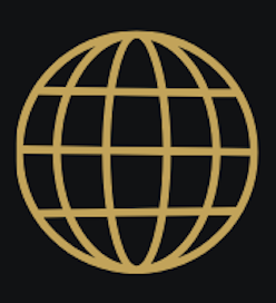 Gold globe icon on black background.