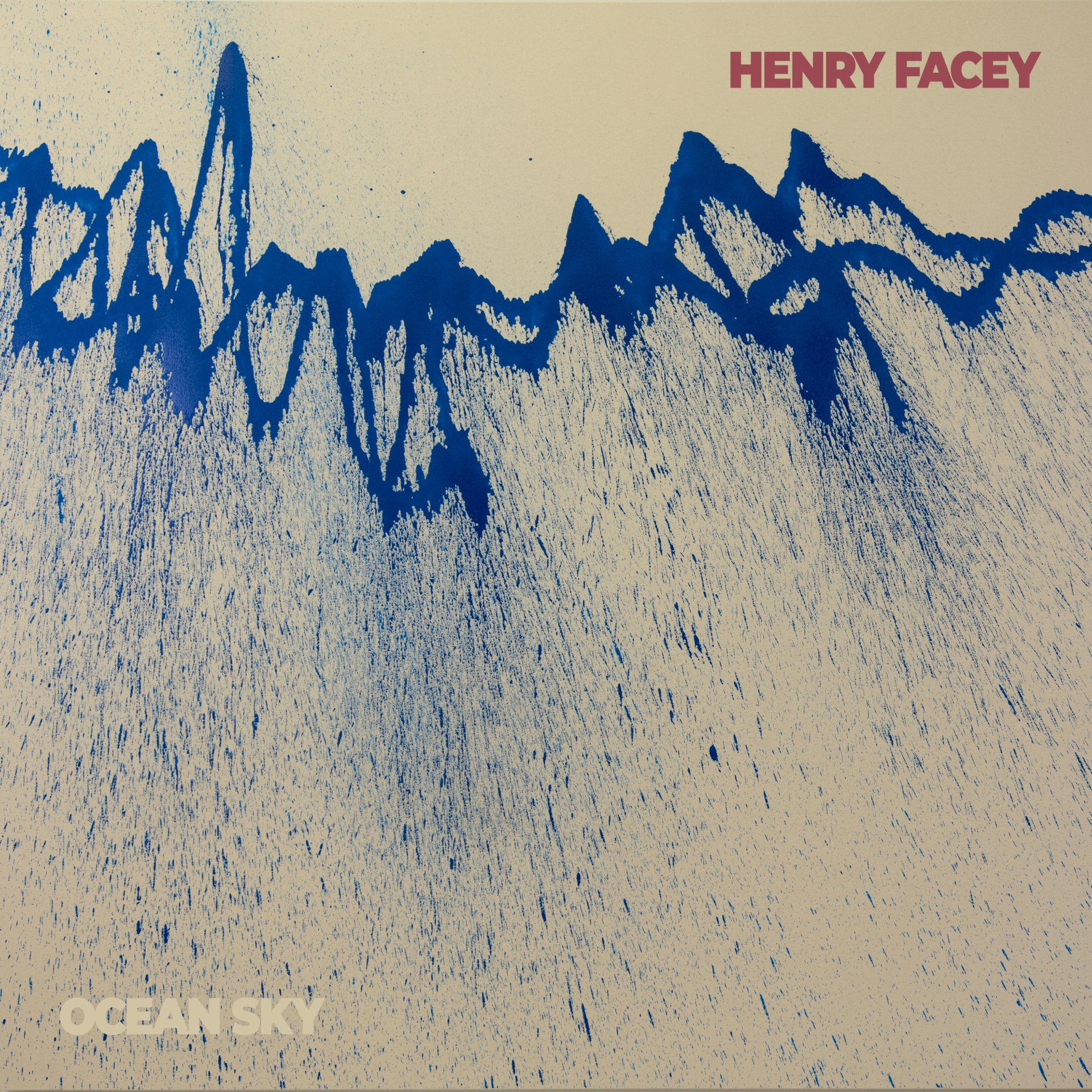 Cover of Henry Facey's album 'Ocean Sky' with an abstract blue mountain-style landscape painting and the album title in white text.