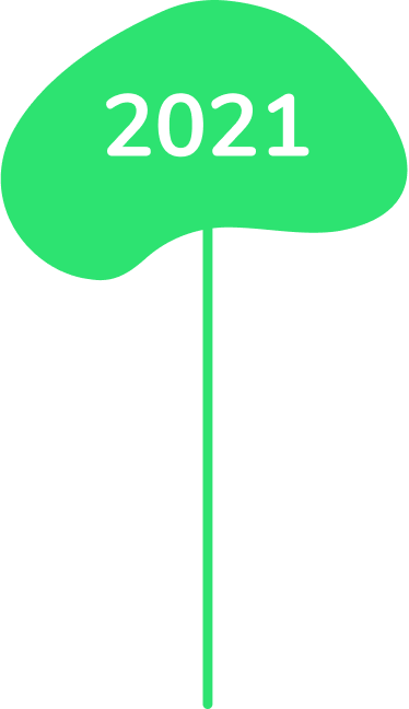 Green leaf-shaped sign with '2021' written on it, attached to a stick.