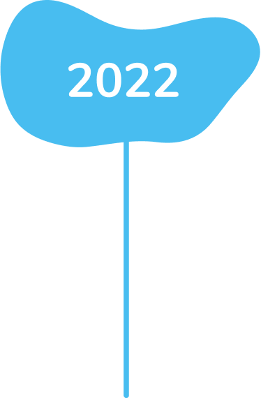 A blue balloon shaped like a speech bubble with the year 2022 written on it, attached to a string.
