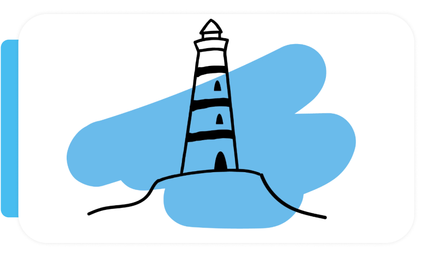 A simple drawing of a lighthouse with black and white stripes, surrounded by blue clouds or sky, on a small landform.