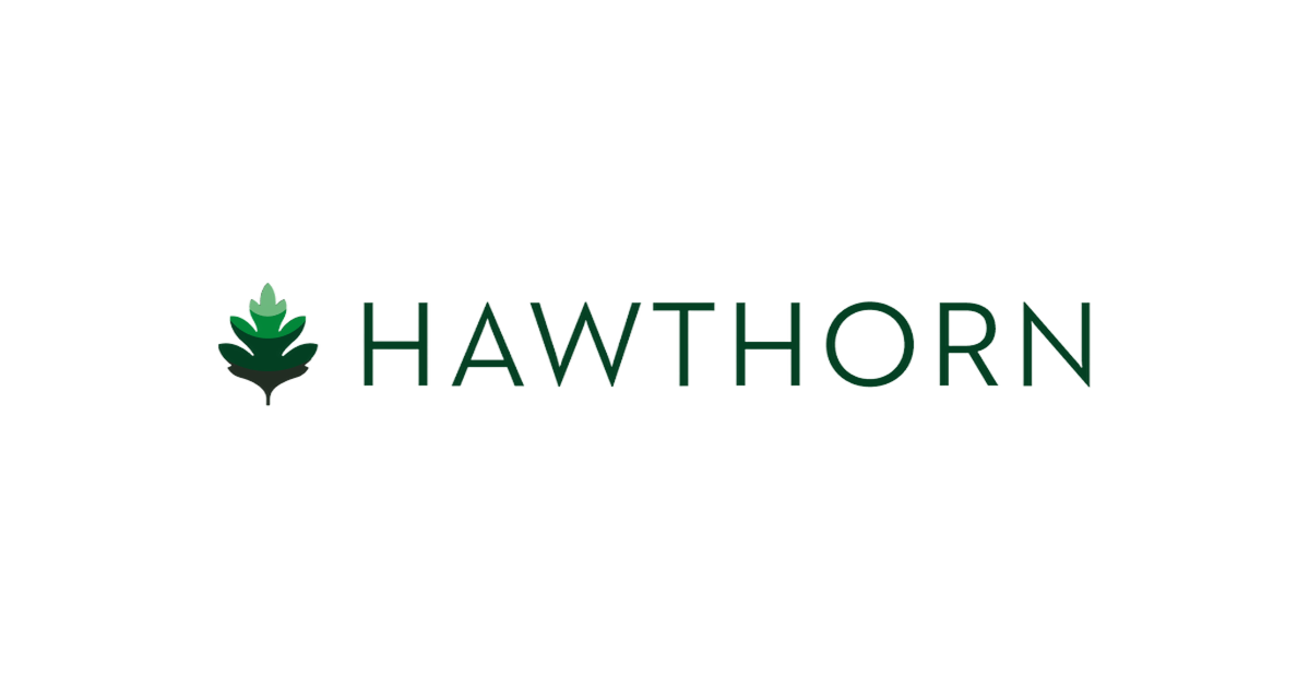 Hawthorn logo with a stylized green hawthorn leaf to the left of the word 'HAWTHORN' in dark green text.