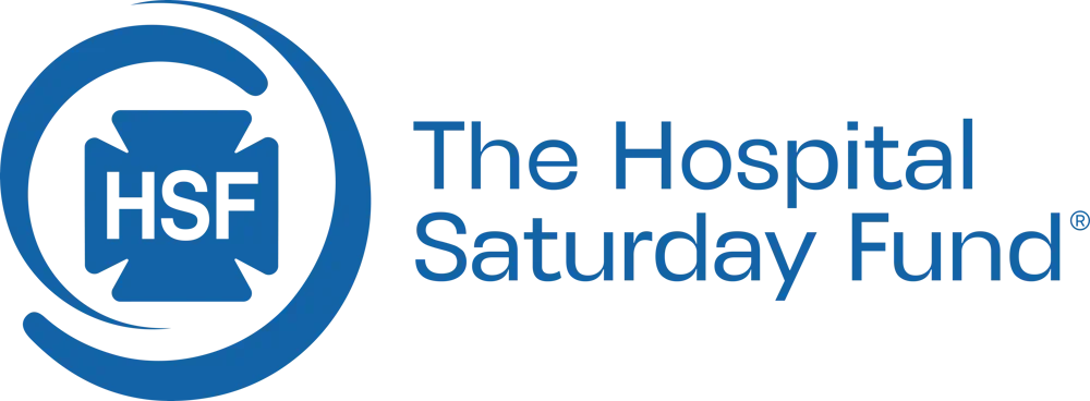 Logo for The Hospital Saturday Fund (HSF) featuring a blue medical cross inside a circle, with the text 'The Hospital Saturday Fund' beside it.