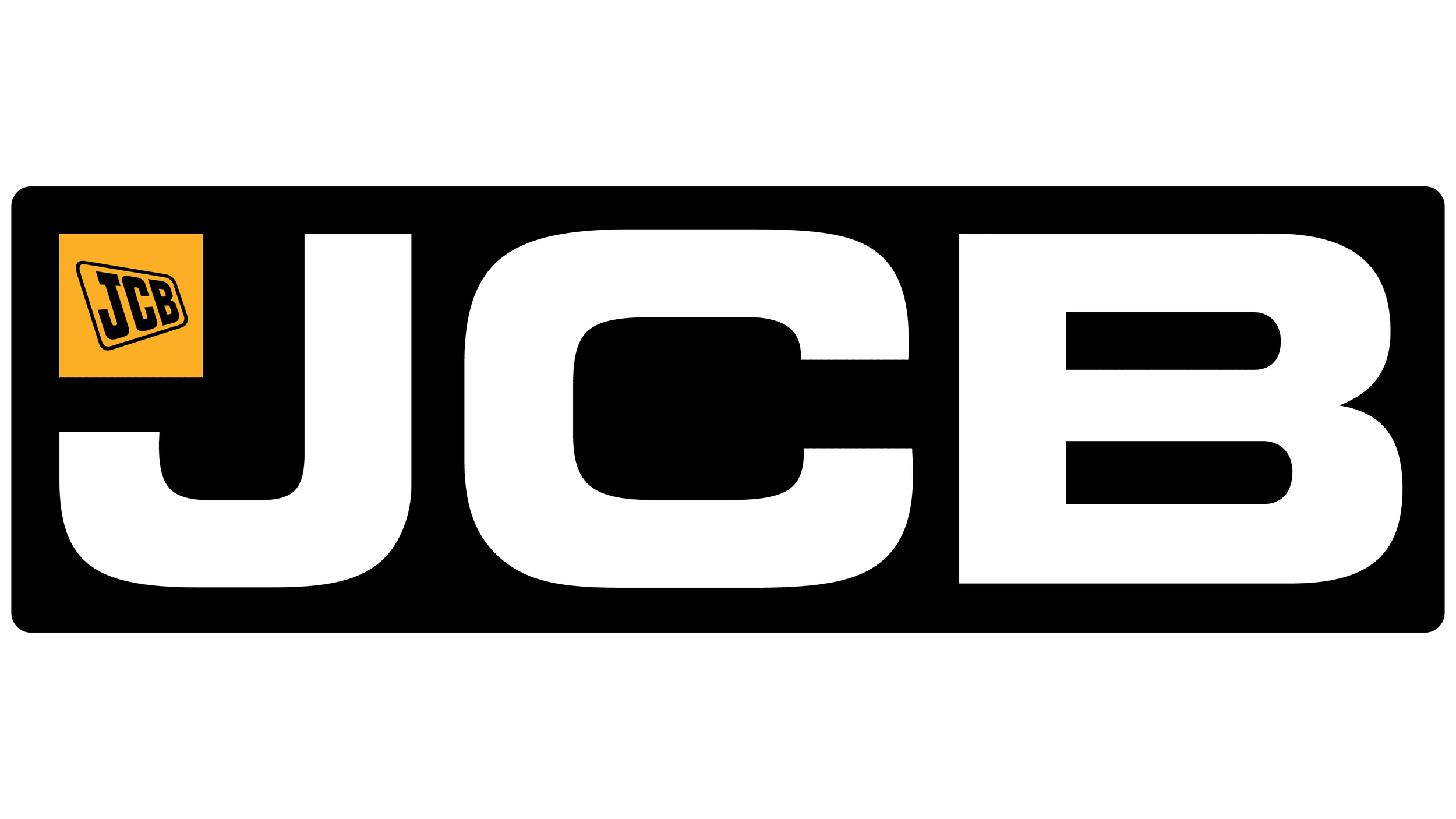 JCB logo with black background, yellow square with black border, and black text 'JCB' inside the yellow square.