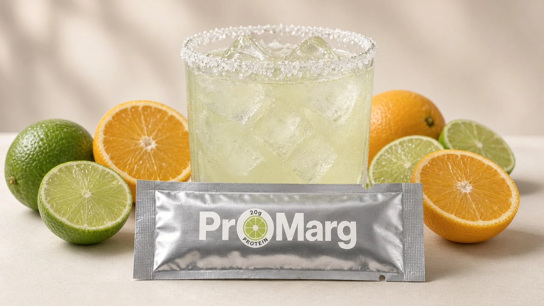 A glass of lime and orange cocktail with ice, salt rim, surrounded by fresh limes and oranges, with a silver packet labeled ProMARG protein powder in front.