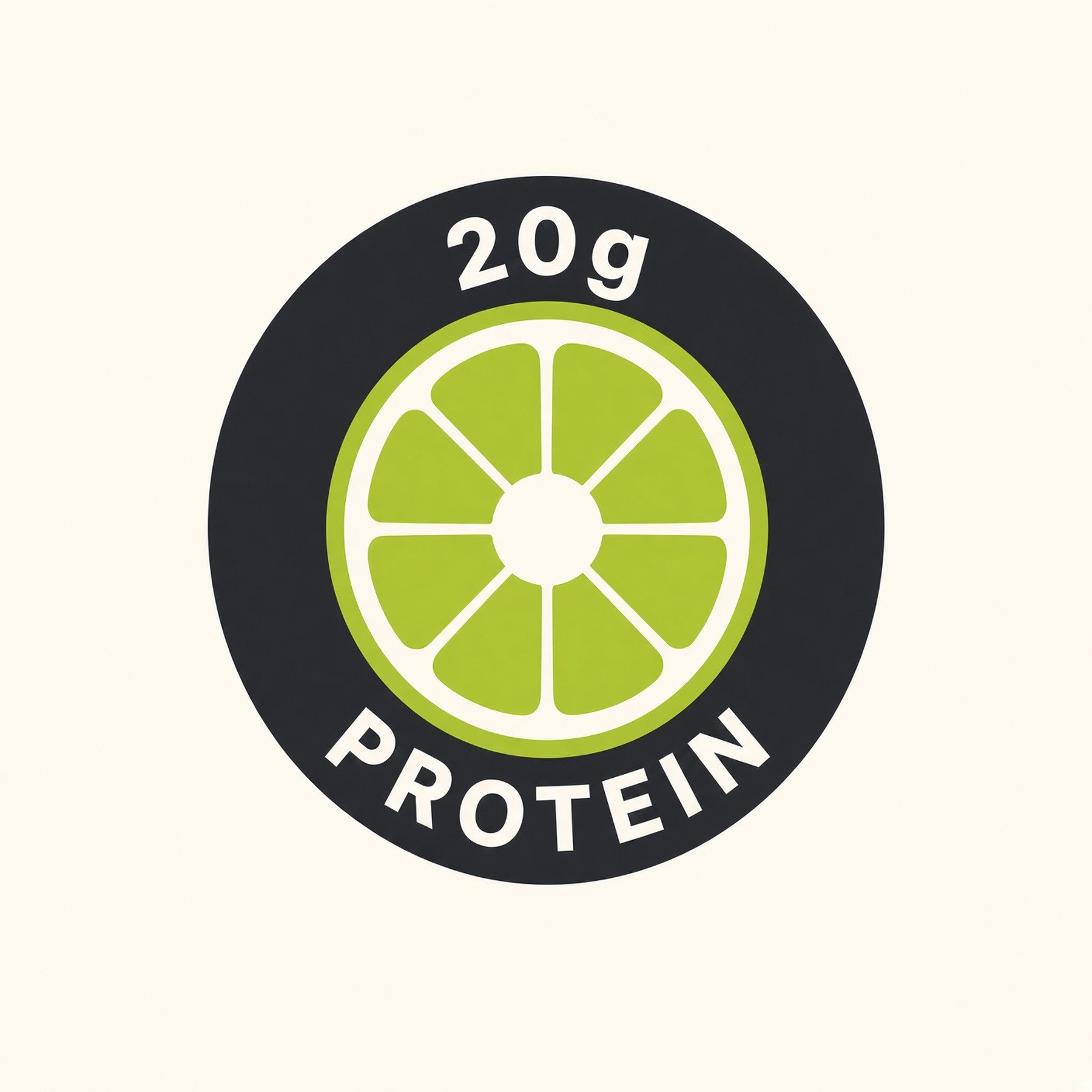 A circular logo with a green lime slice in the center, surrounded by black text that says "20g PROTEIN." The background is off-white.
