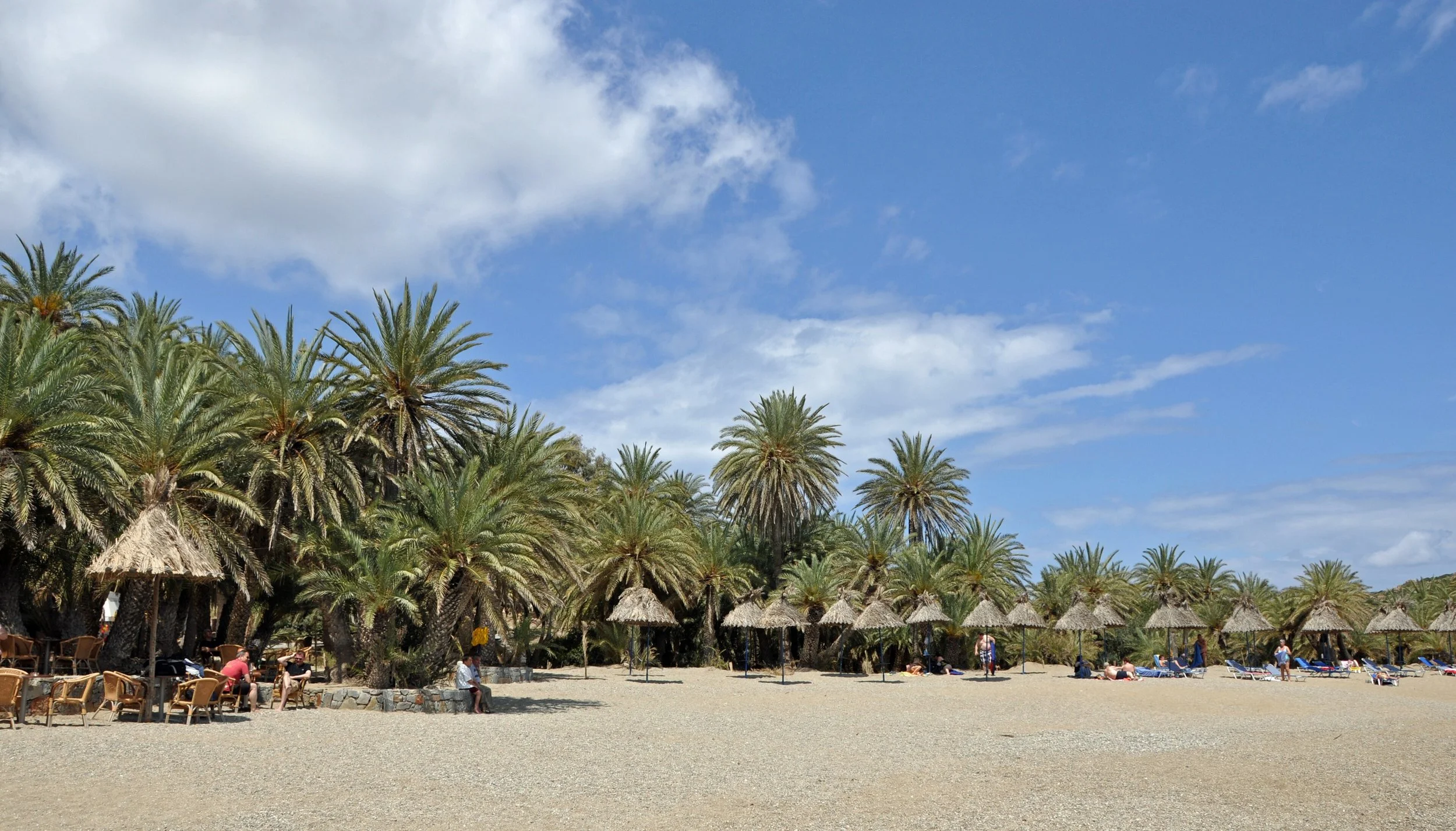 Beach scene with palm trees, tiki huts, lounge chairs, and people relaxing under a partly cloudy blue sky.