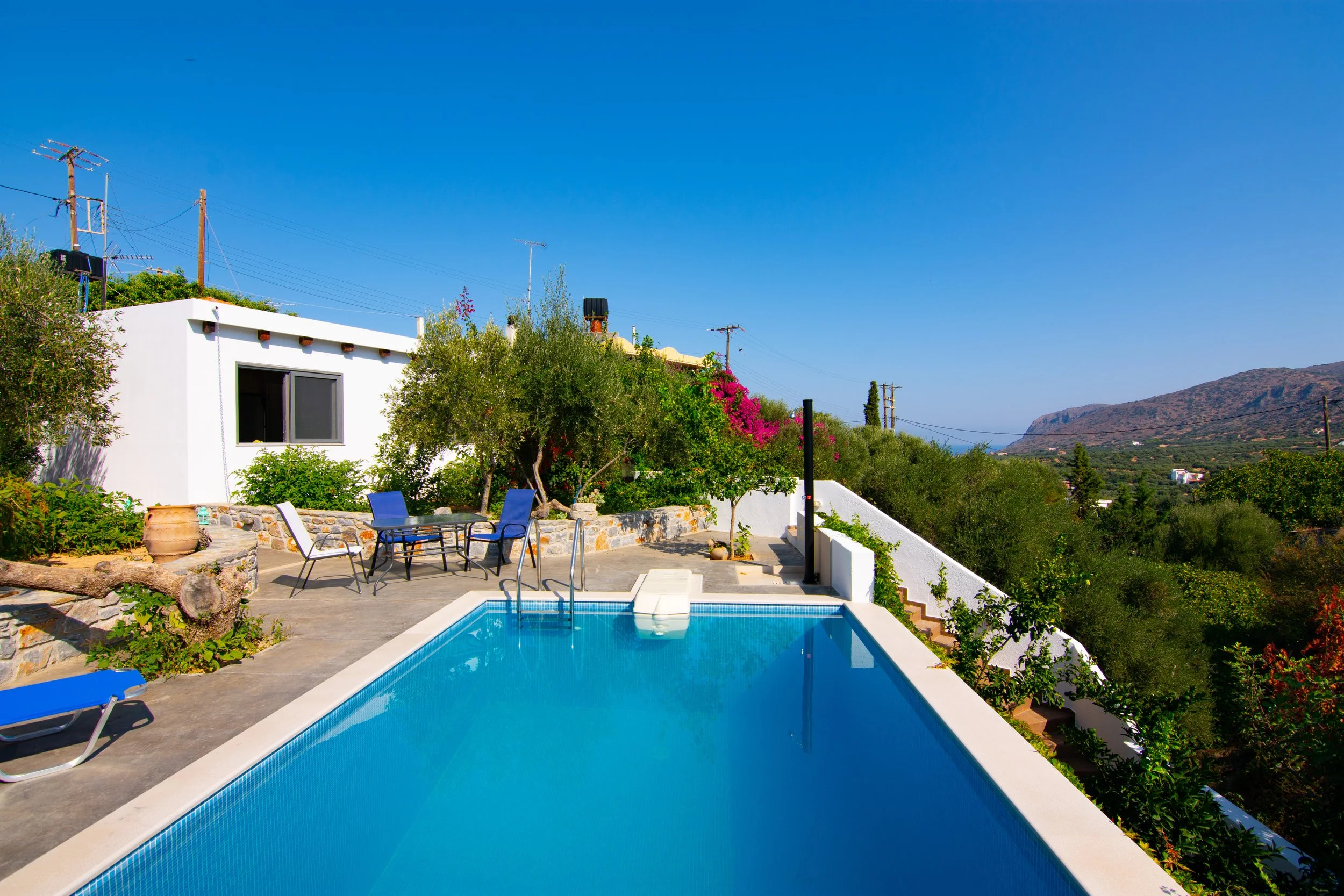 A backyard with a swimming pool, outdoor table and chairs, a white house, lush trees, and a view of mountains under a clear blue sky.