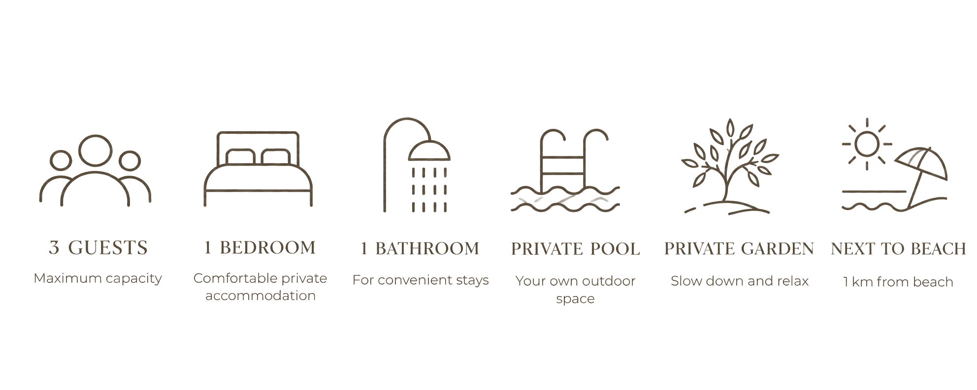 Icons and descriptions of rental amenities: 3 guests maximum, 1 bedroom for private accommodation, 1 bathroom, private pool, private garden, next to the beach.
