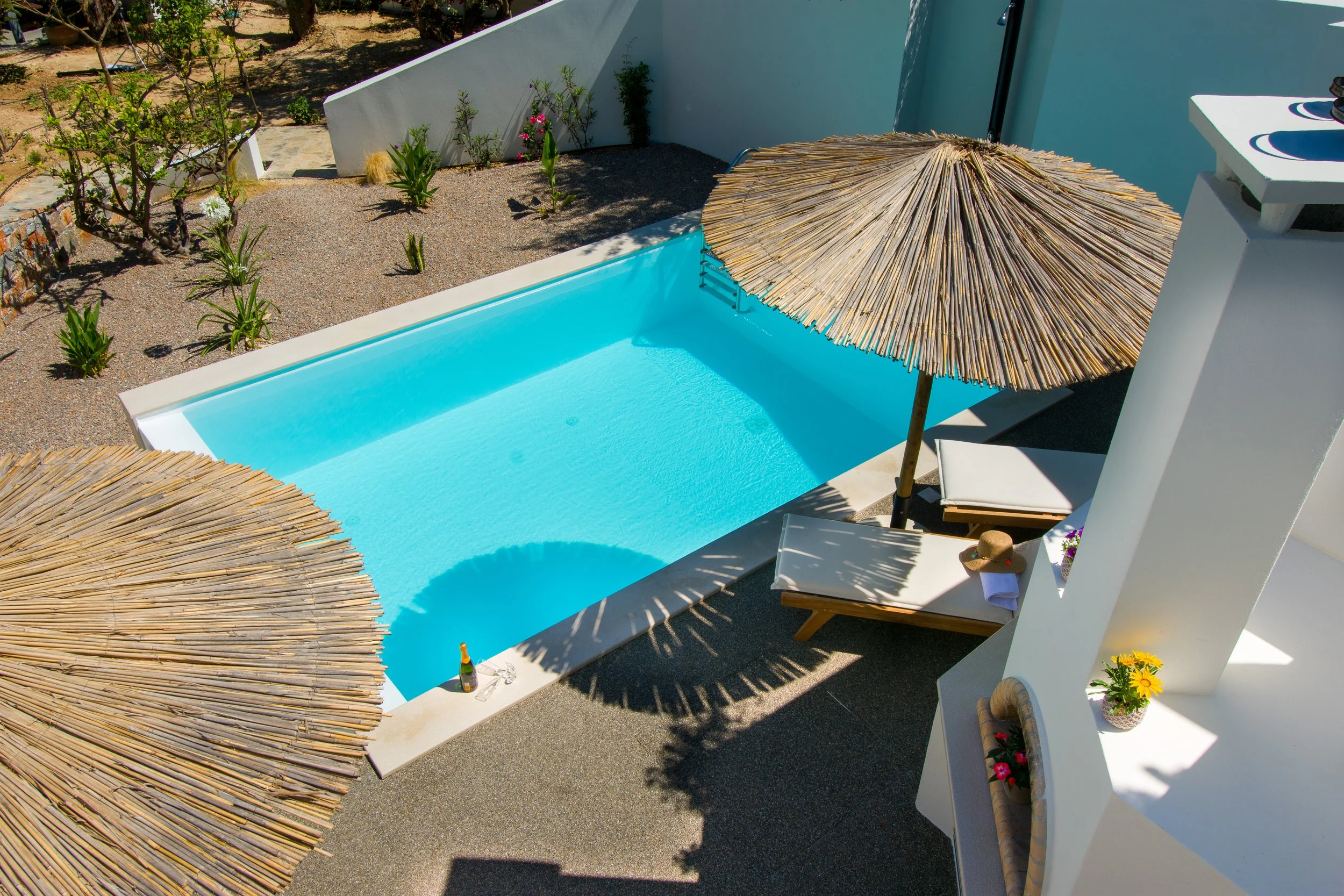A small swimming pool with a thatched straw umbrella, white lounge chair, and a towel with a hat on it outside. There are plants and flowers nearby, with a white wall in the background and a bottle of wine or champagne on the pool's edge.