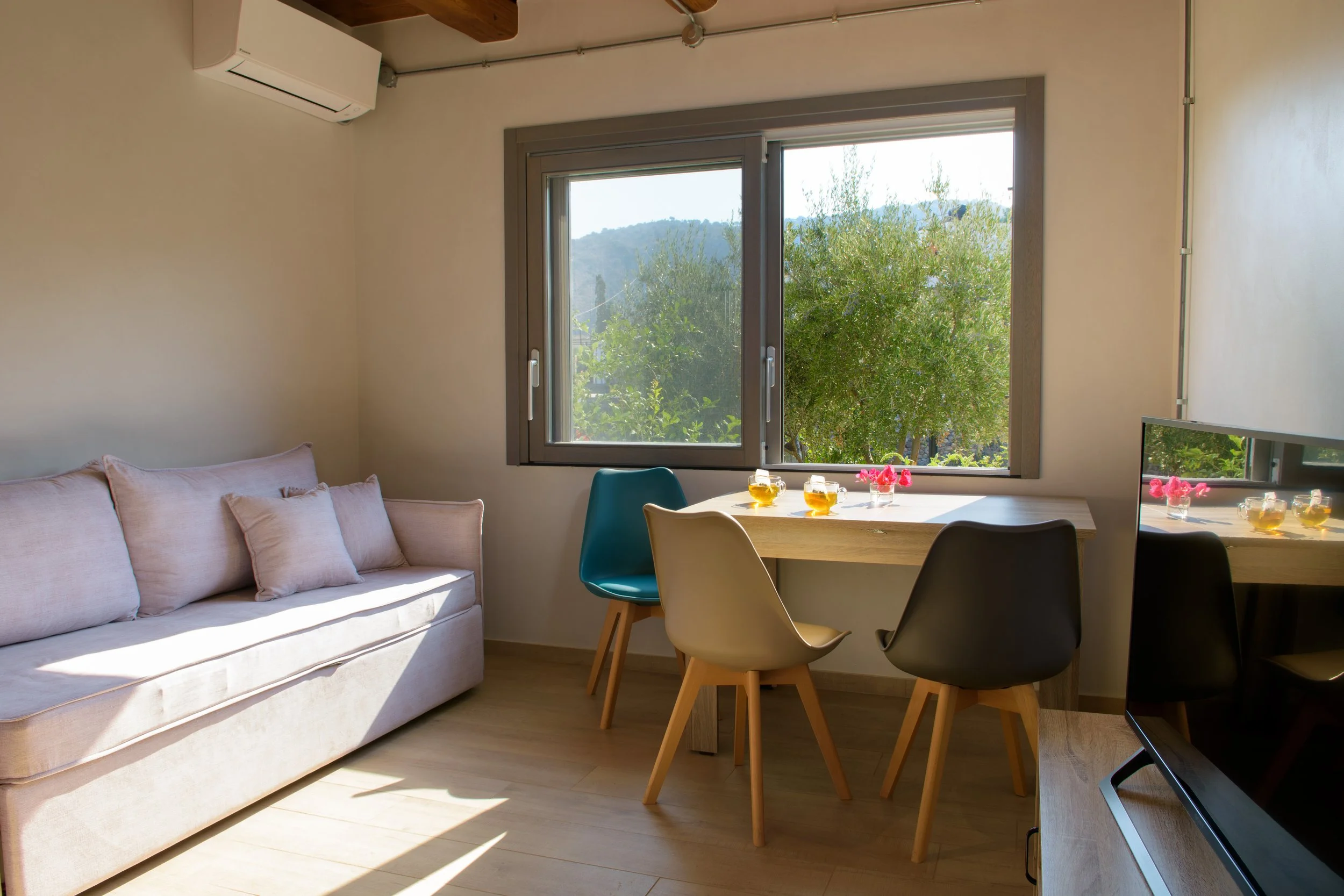 Living room with a beige sofa, beige pillows, a wooden dining table with four chairs, a blue chair, and pink flowers on the table. There is a window showing trees and distant mountains, a TV, and an air conditioning unit.