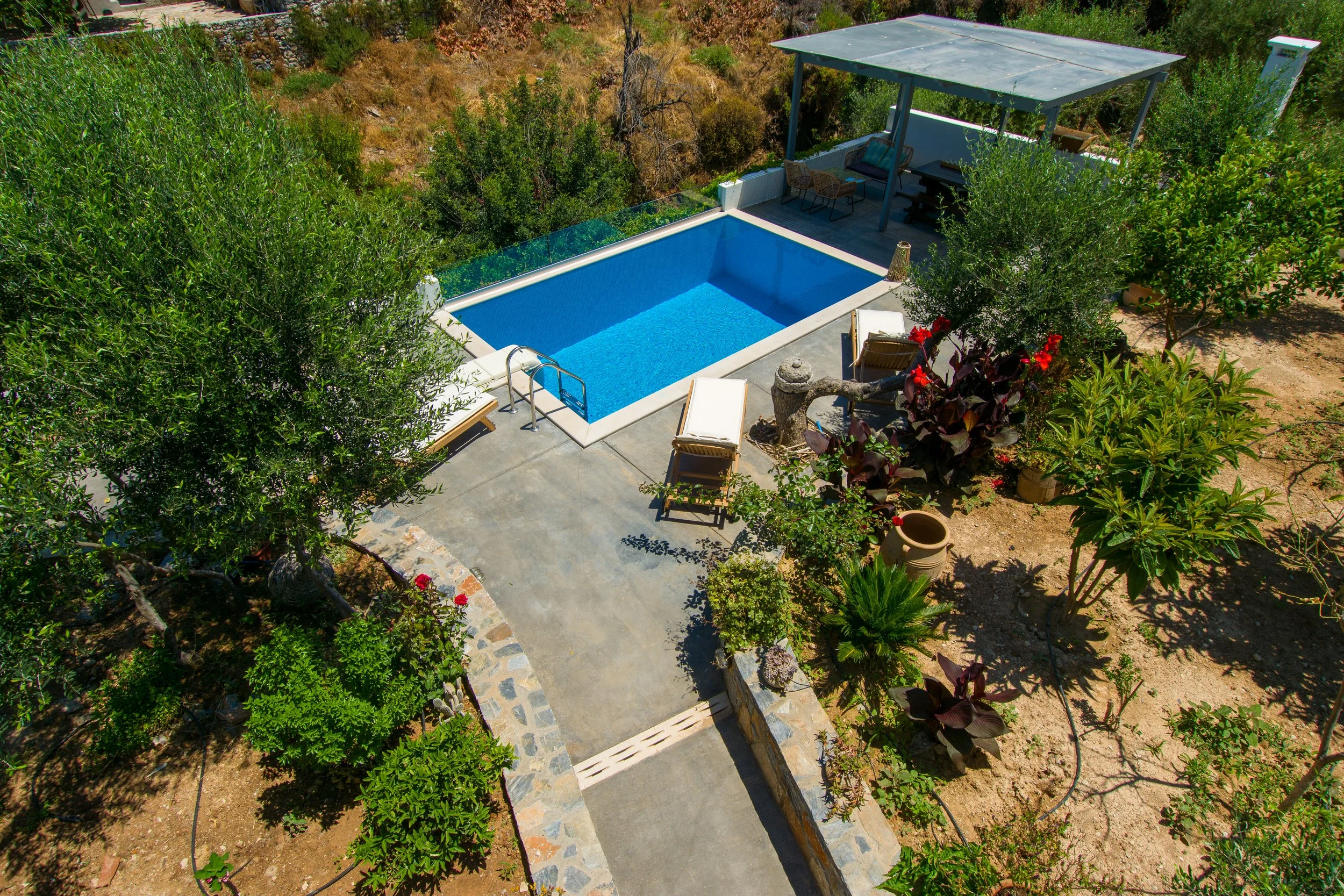 A backyard patio with a small in-ground swimming pool, surrounded by lush green plants, trees, a shaded seating area with chairs and a table, and walking paths.