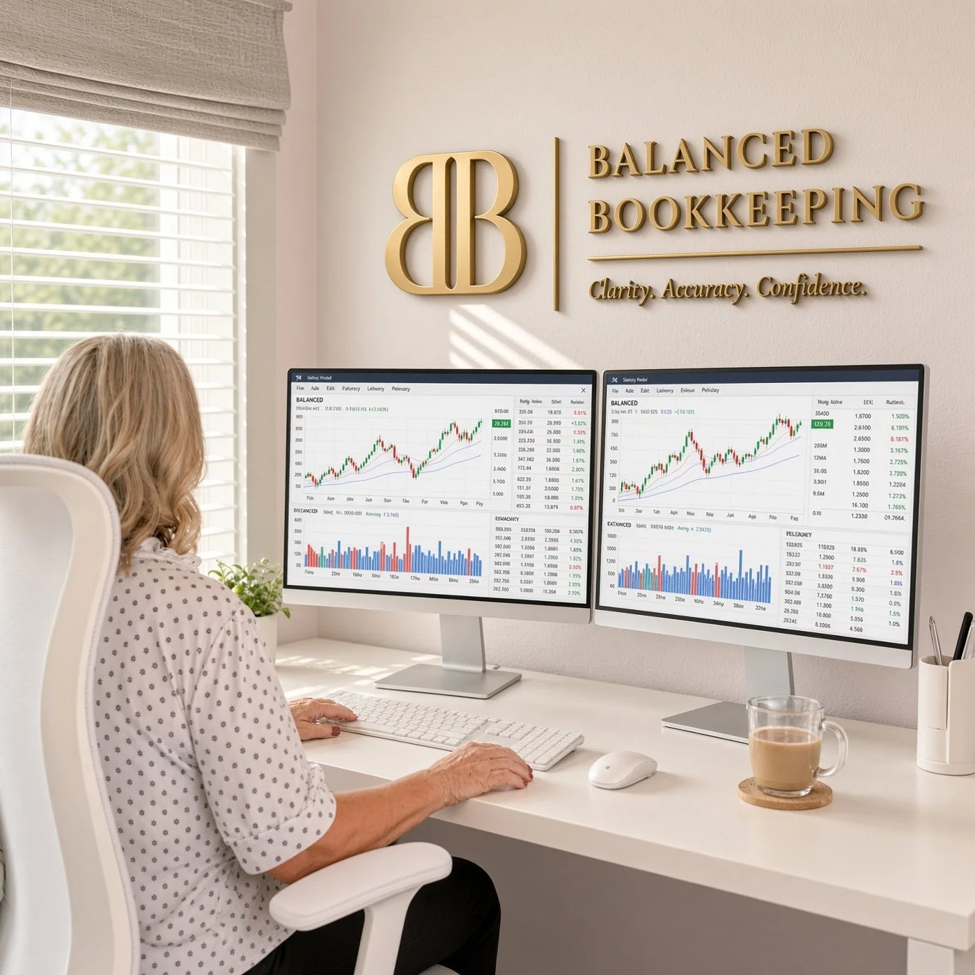 Balanced Bookkeeping office in Spring Branch, TX, with Debbie Boeddeker reviewing financial reports on two monitors