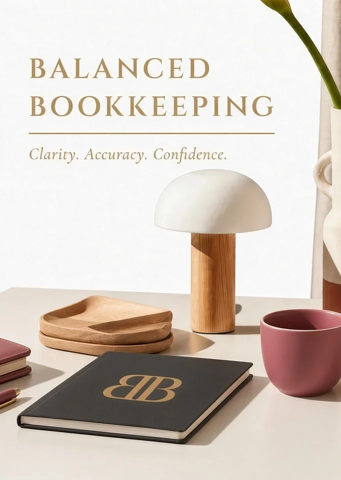 Balanced Bookkeeping branded notebooks and desk lamp, free bookkeeping resources for small business owners