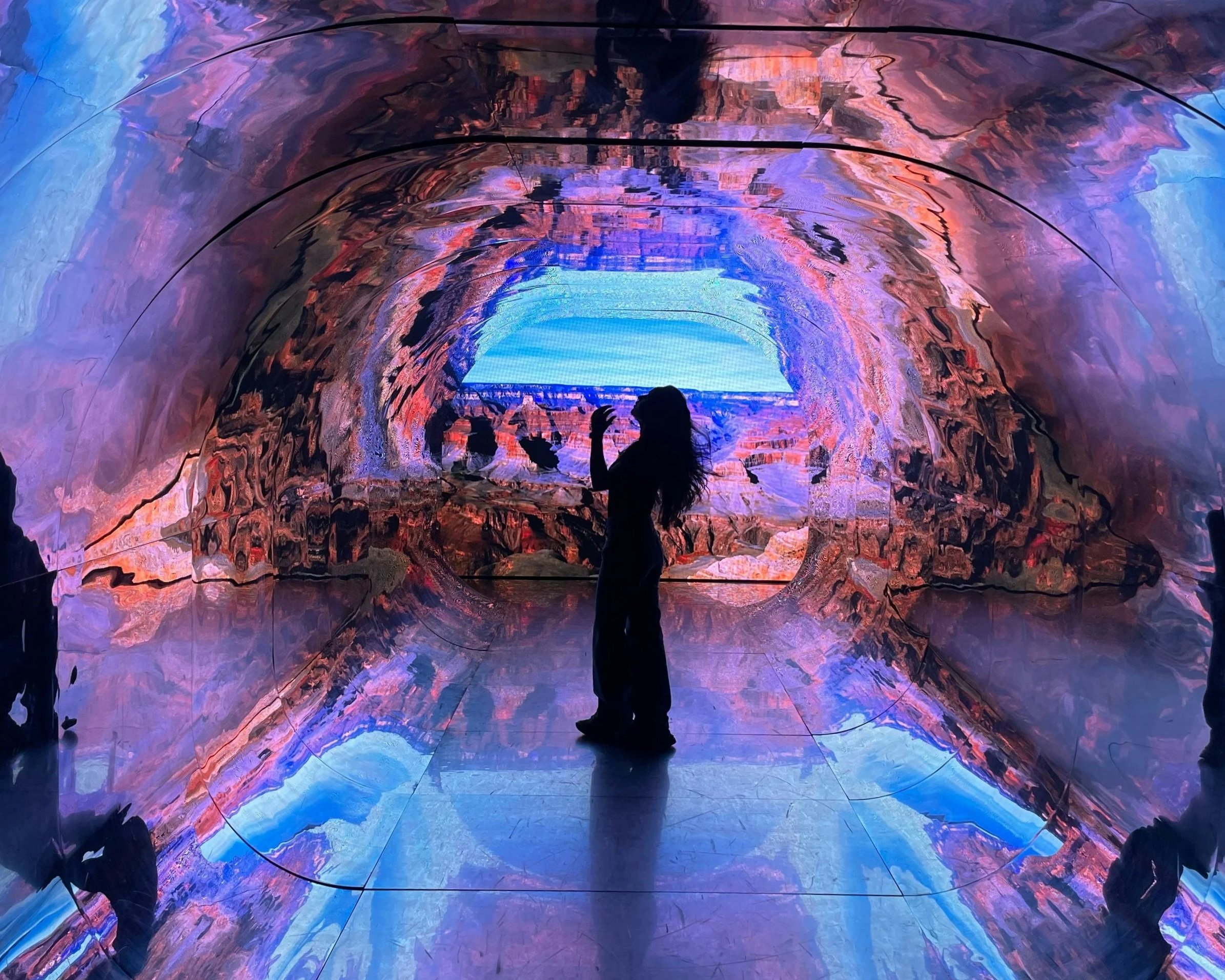 Visitor silhouetted inside an immersive projection tunnel